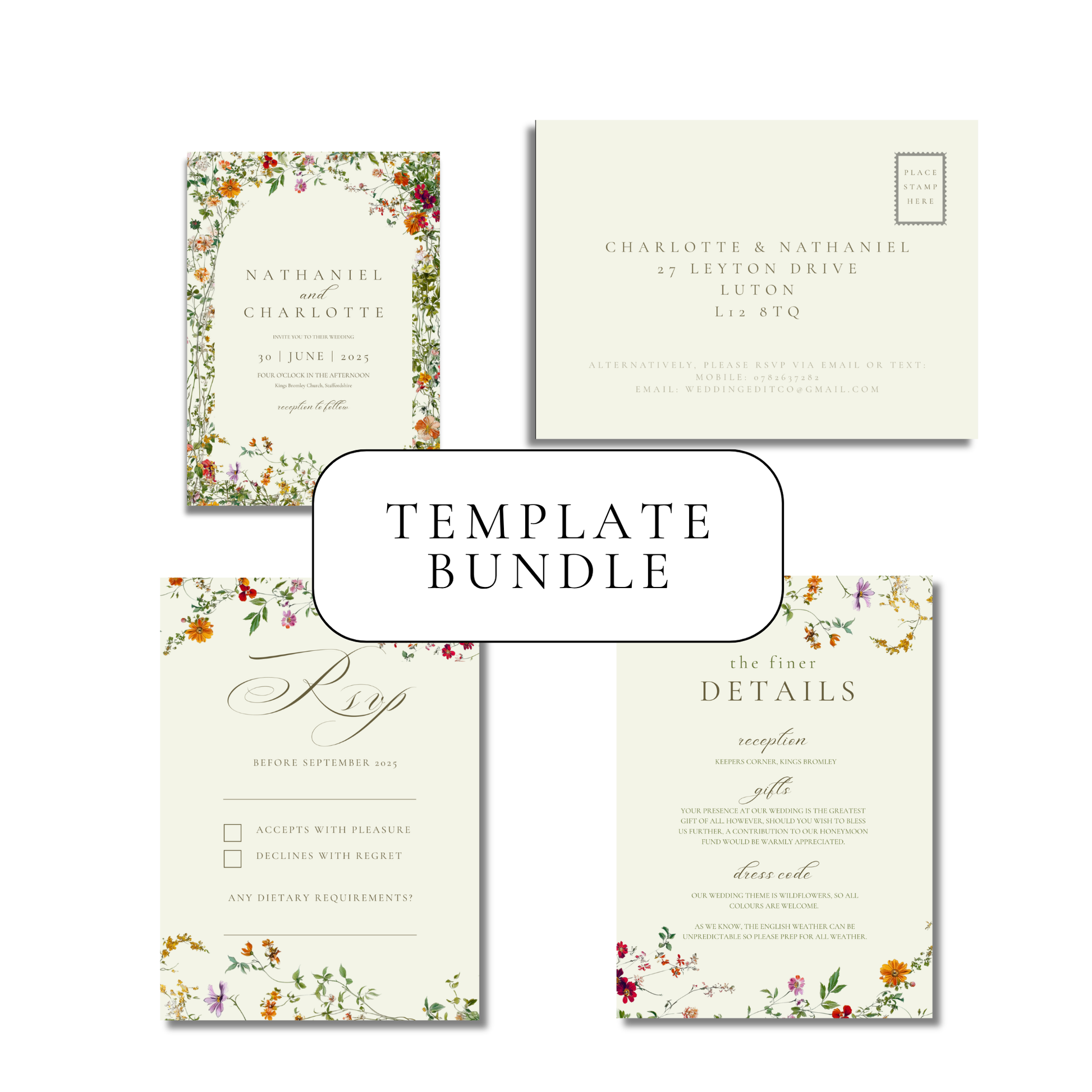 Green & Wildflower Invitation Suite Digital Templates