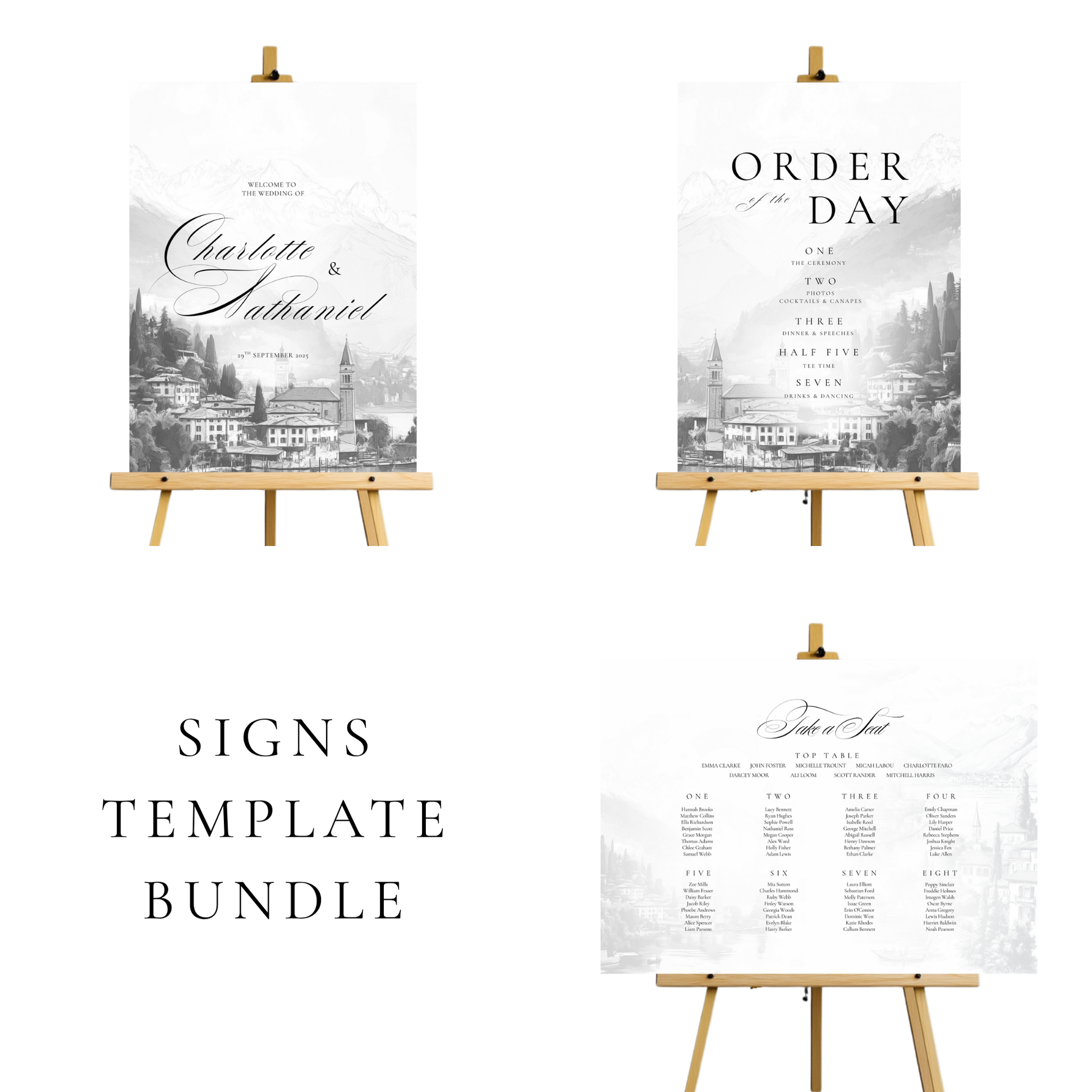 Monochrome Lake Como Wedding Signs Templates