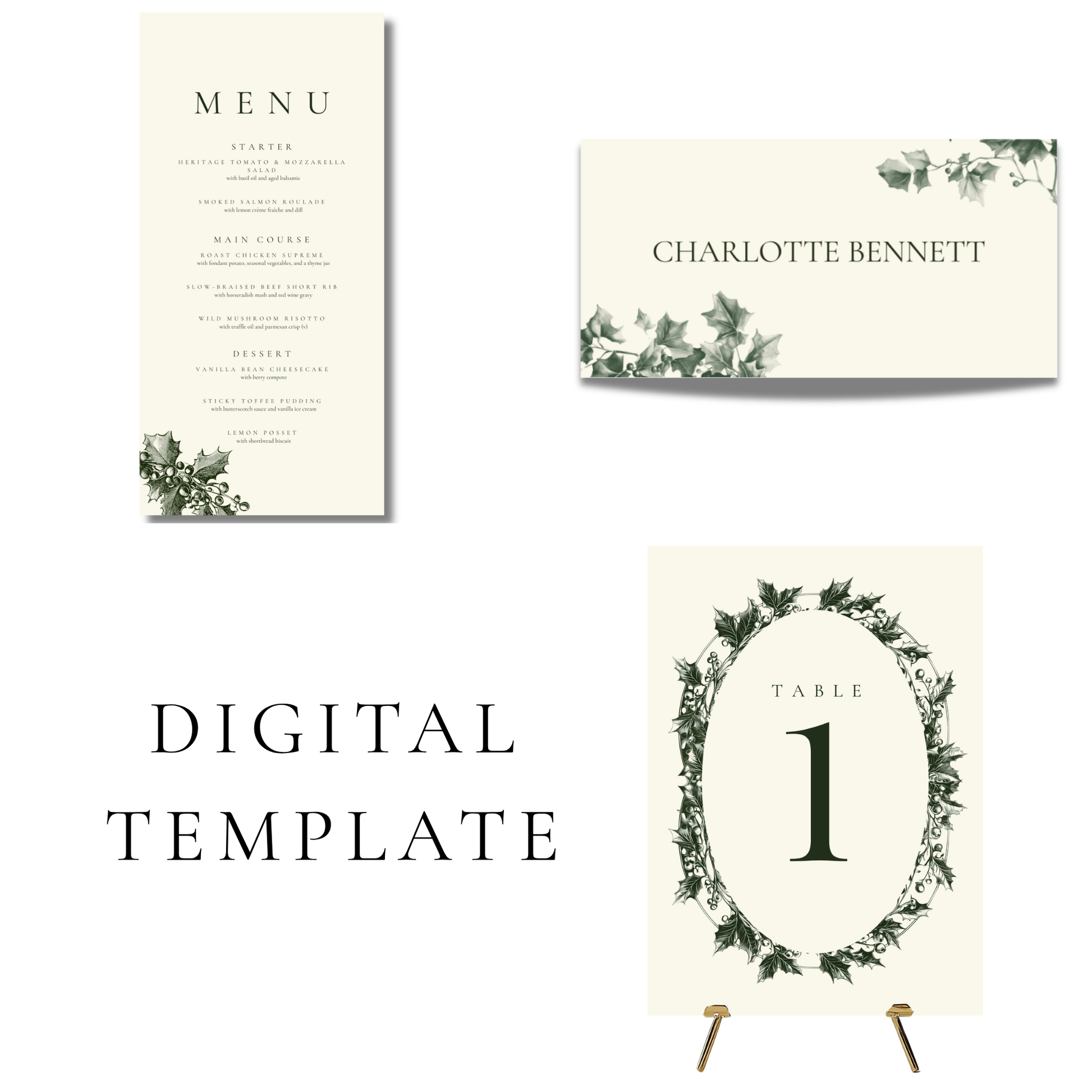 Green & Cream Holly Wreath Editable Wedding Breakfast Templates