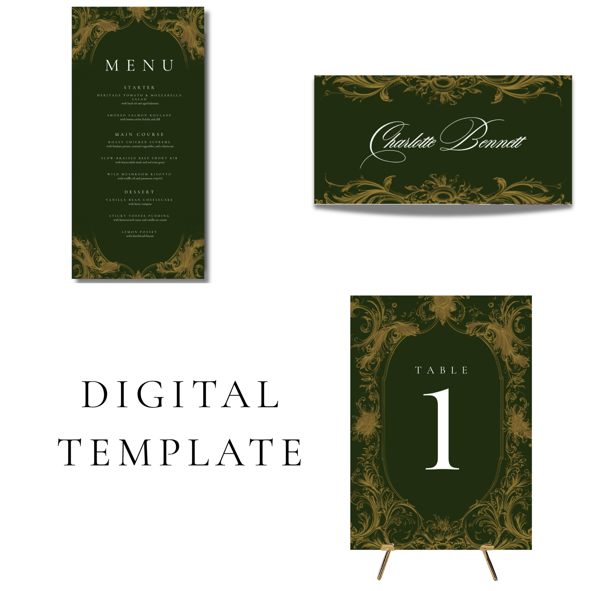 Green & Gold Rococo Frame Editable Wedding Breakfast Templates