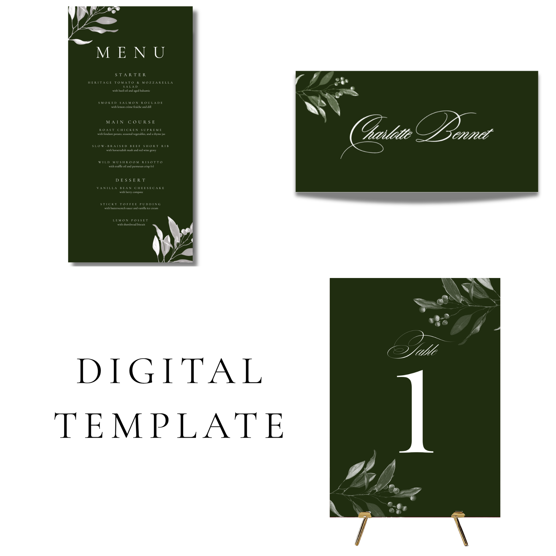 Green Mistletoe Editable Wedding Breakfast Templates