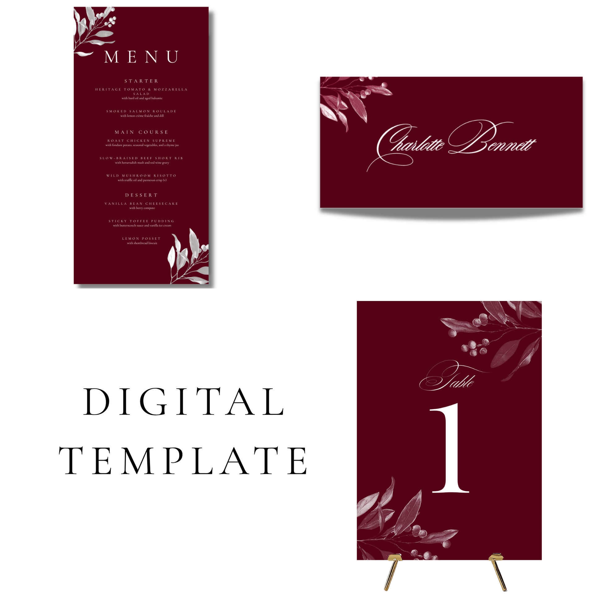 Red Mistletoe Editable Wedding Breakfast Templates