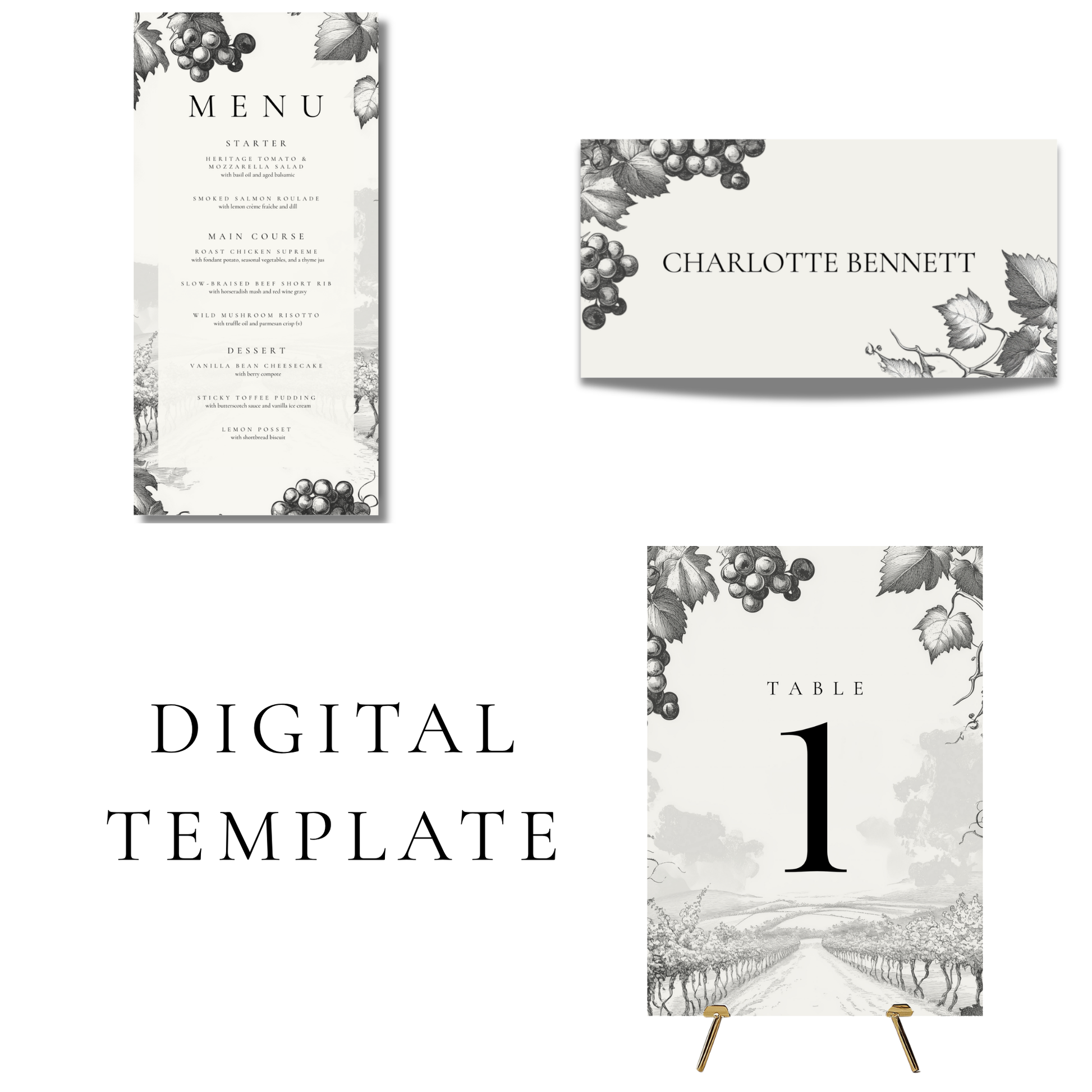 Monochrome Vineyard Editable Wedding Breakfast Templates