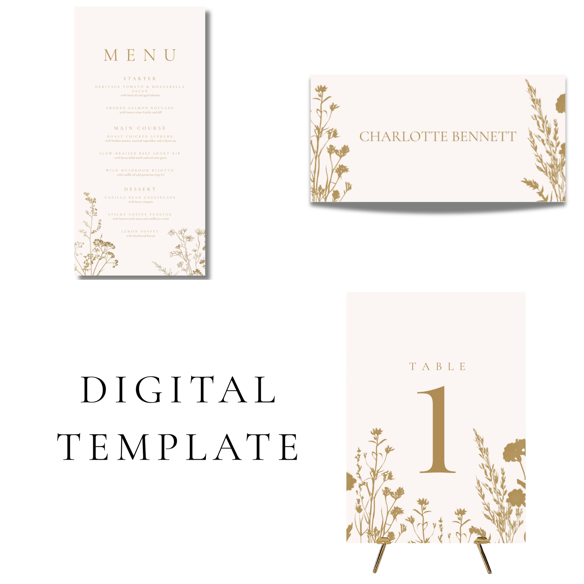 Cream & Gold Dried Flowers Wedding Breakfast Templates