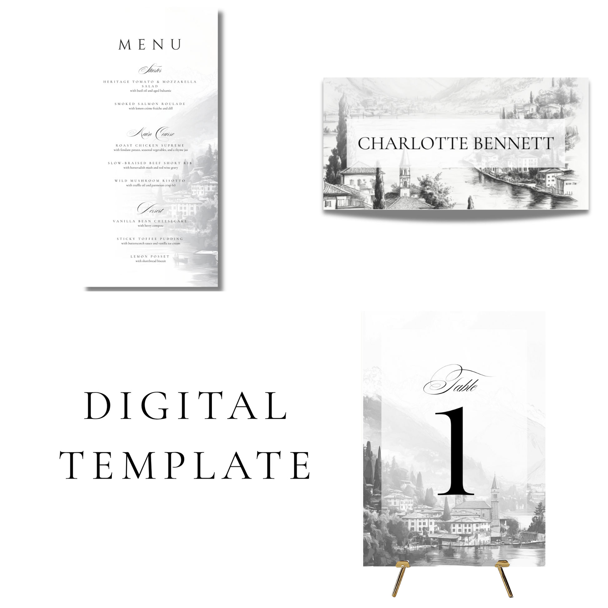 Monochrome Lake Como Wedding Breakfast Templates
