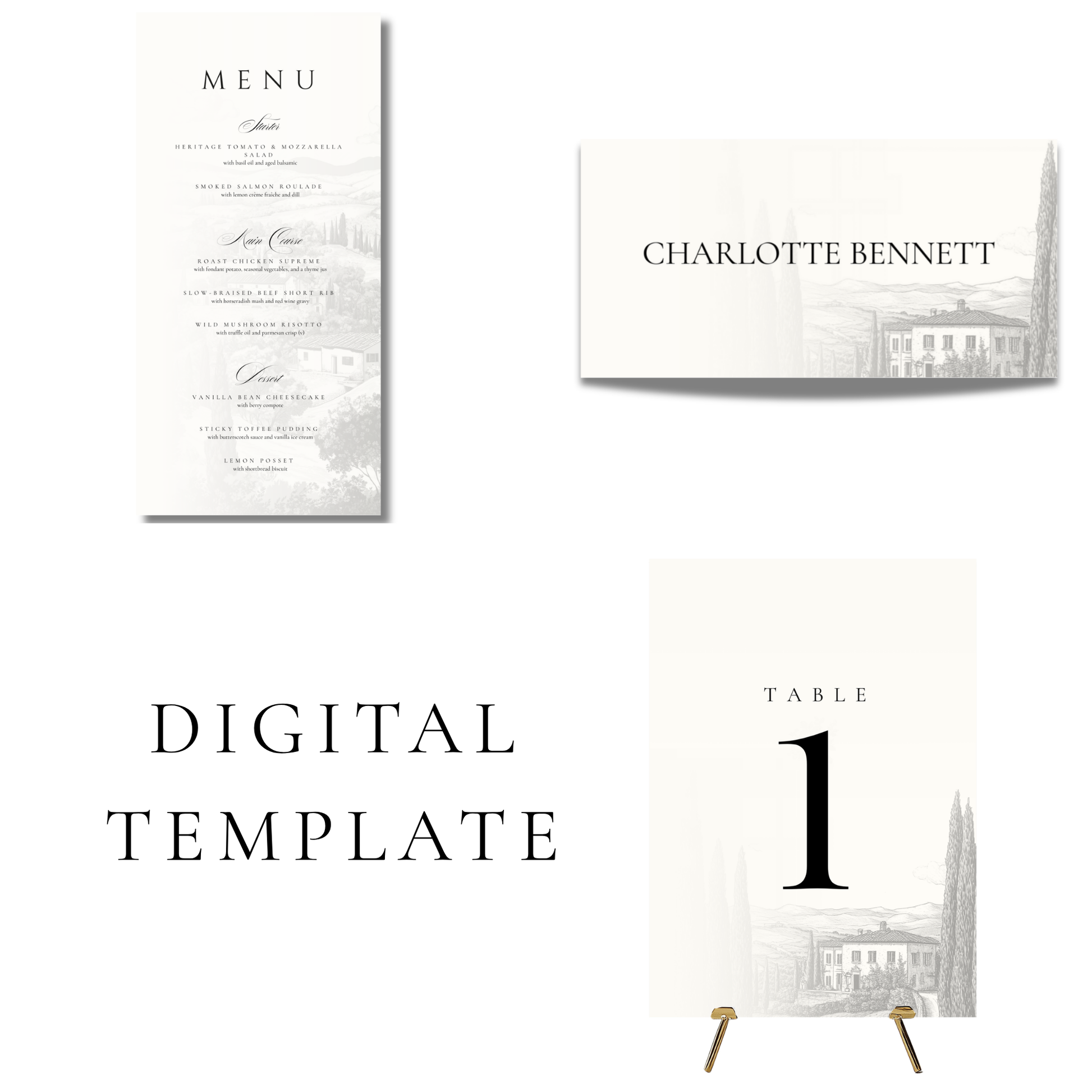 Monochrome Tuscany Wedding Breakfast Templates