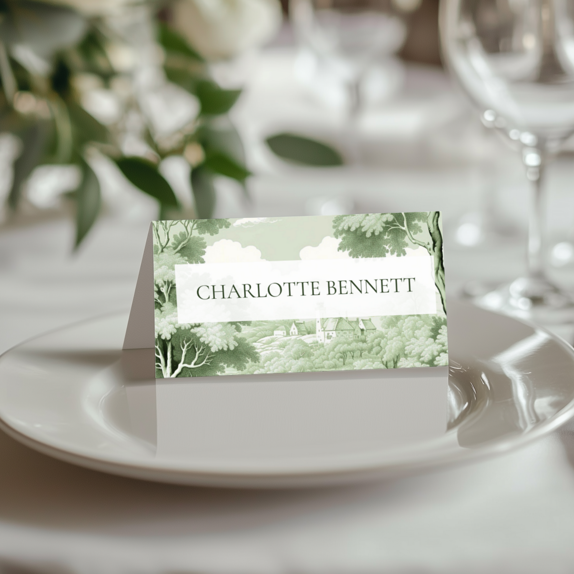 Green Toile Name Place Cards