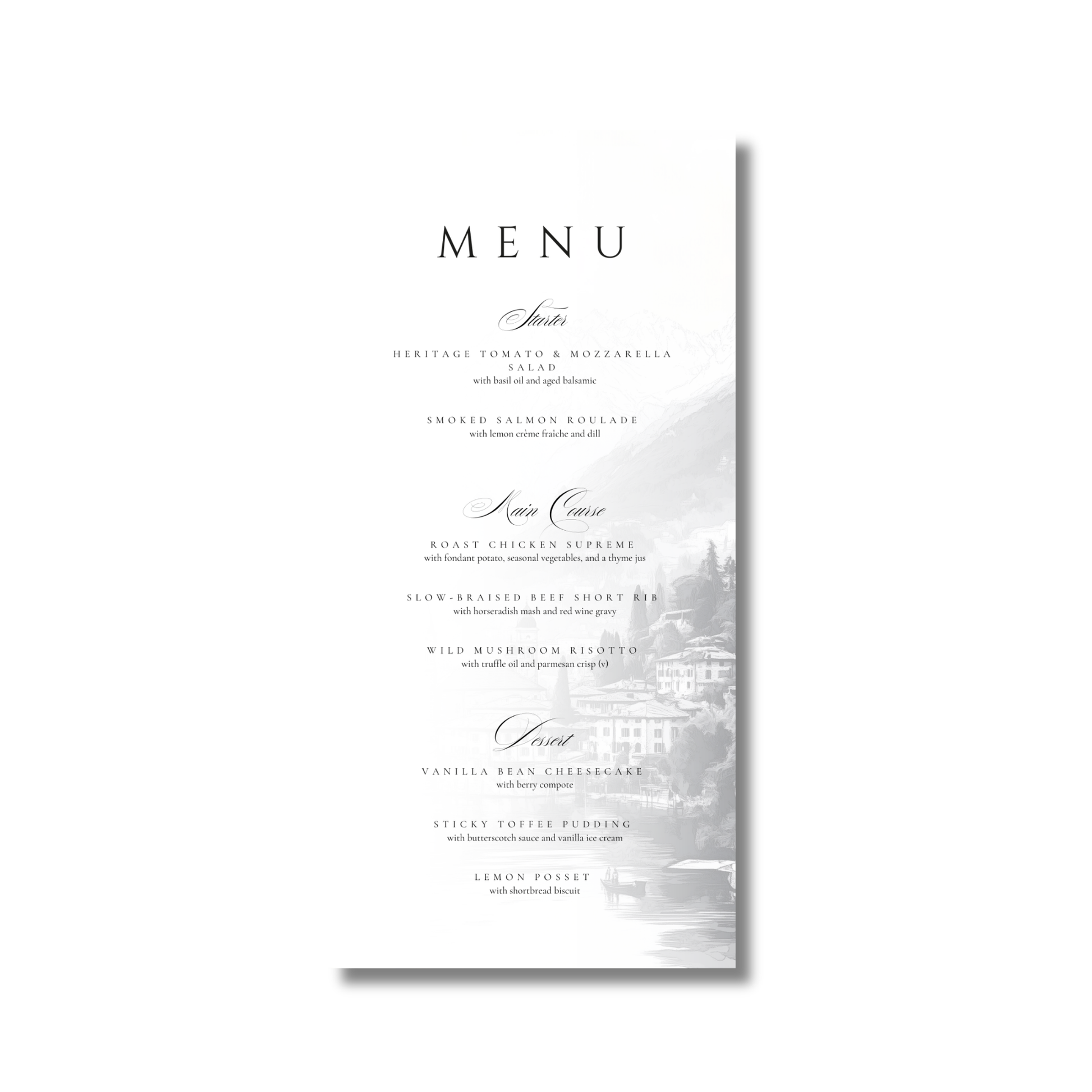 Monochrome Lake Como Menu