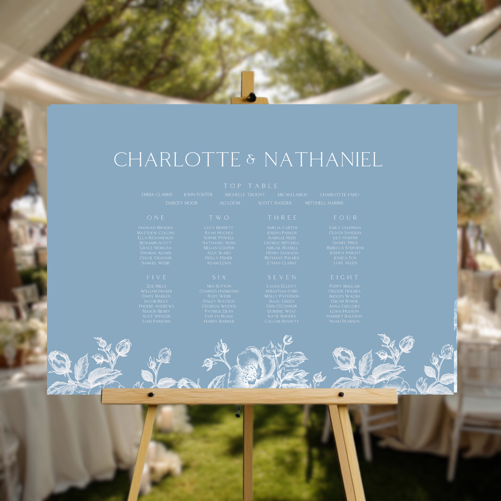 Rose Etching Seating Plan Sign (Dusty Blue)