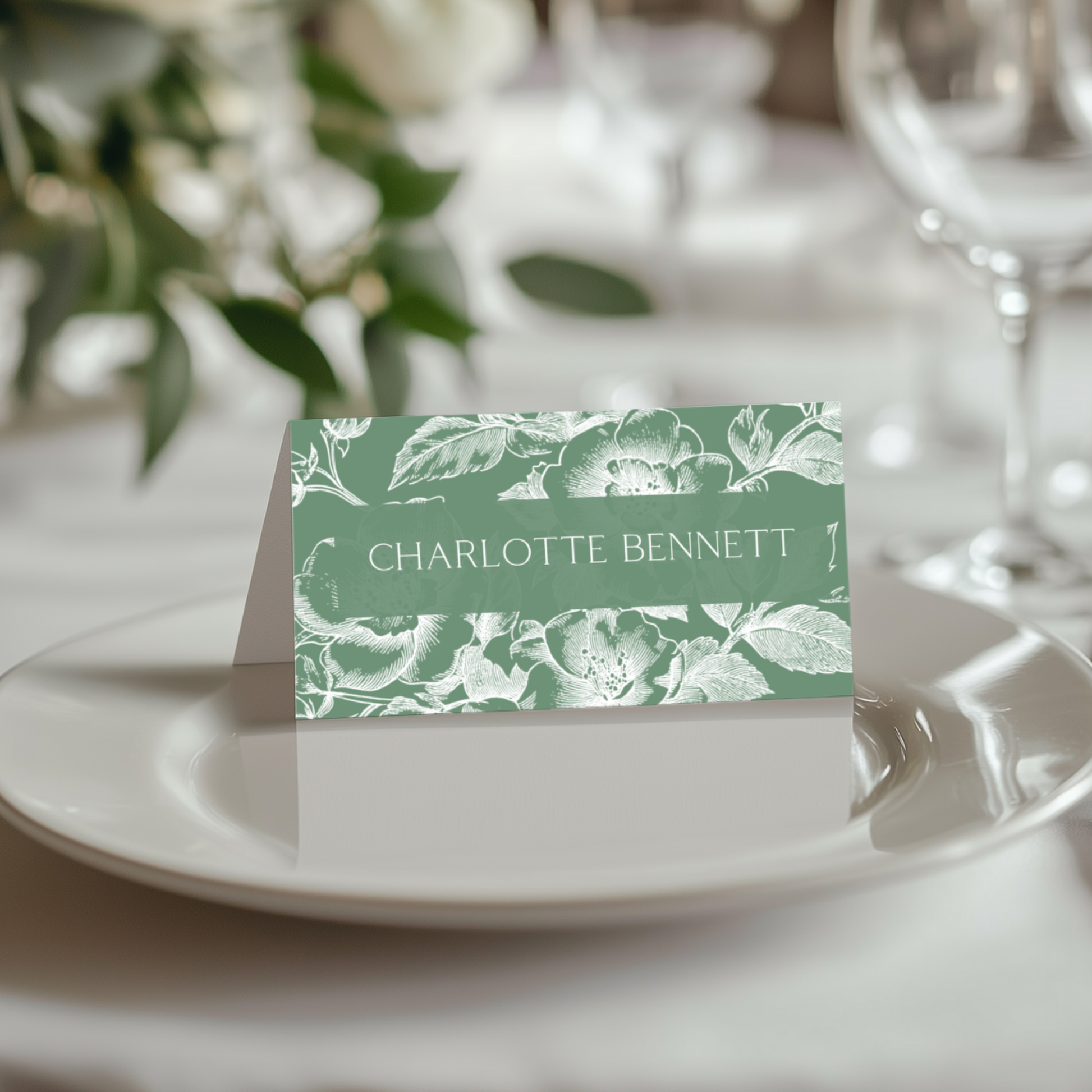 Rose Etching Name Place Cards (Sage Green)