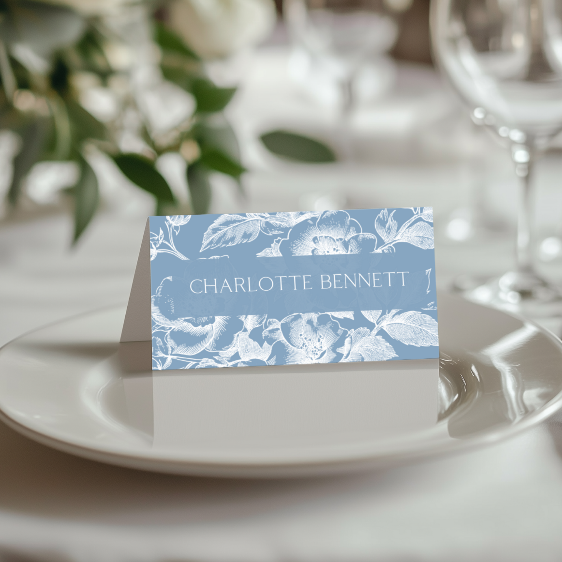 Rose Etching Name Place Cards (Dusty Blue)