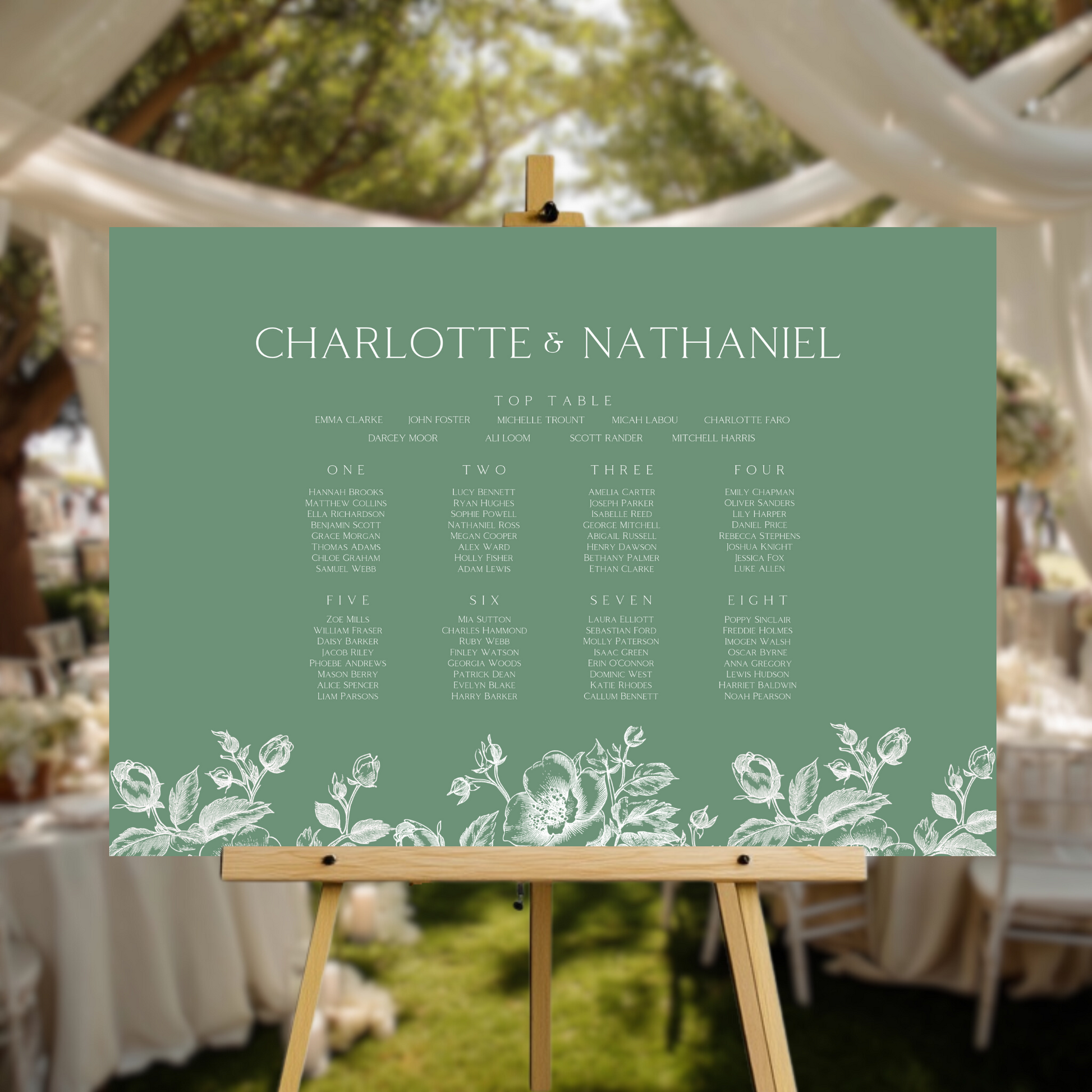 Rose Etching Seating Plan Sign (Sage Green)