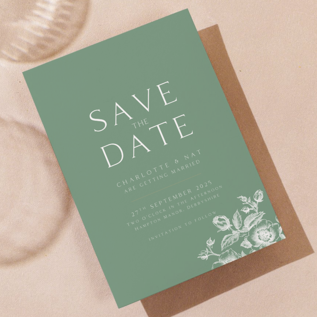 Simple Rose Etching Save The Date (Sage Green)