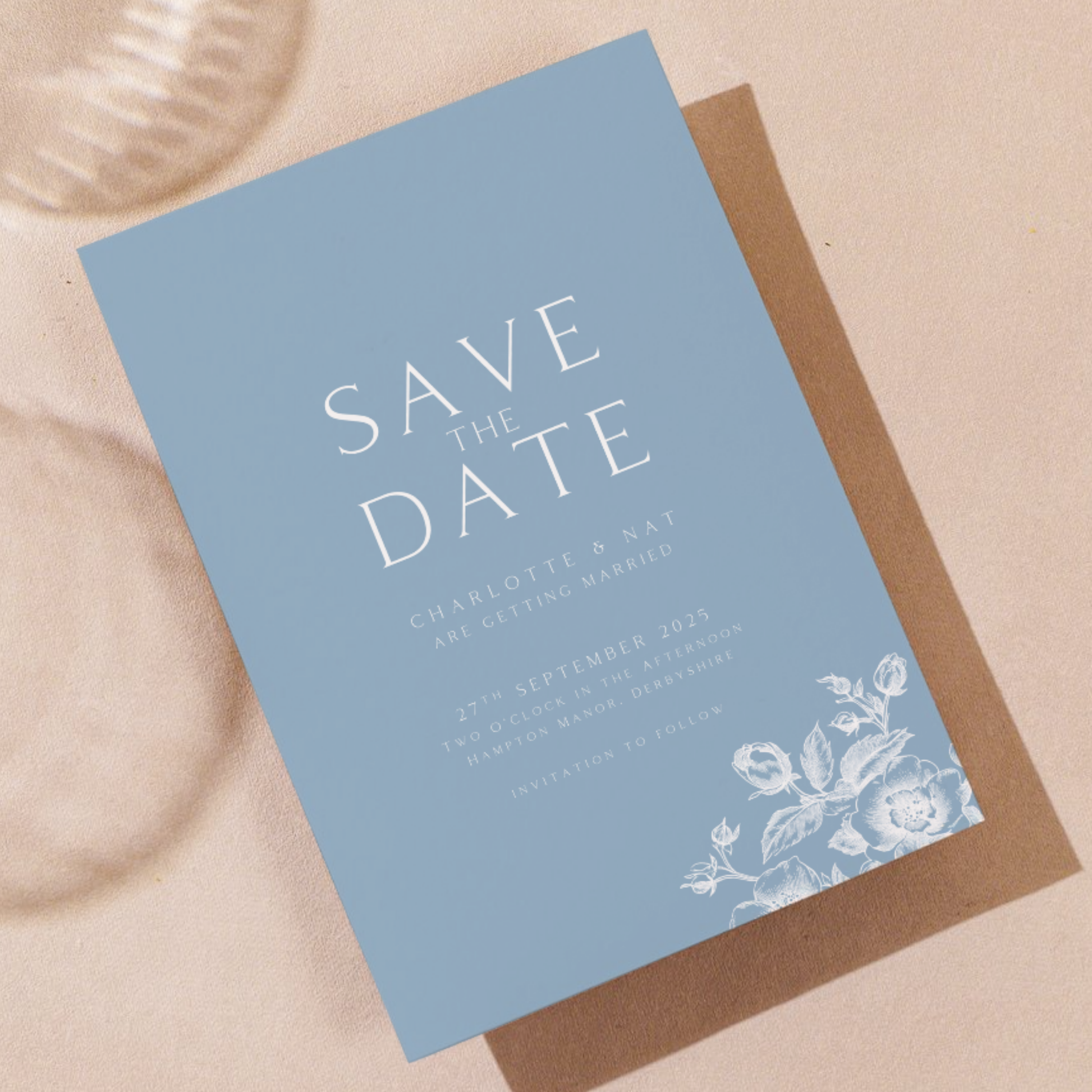 Simple Rose Etching Save The Date (Dusty Blue)