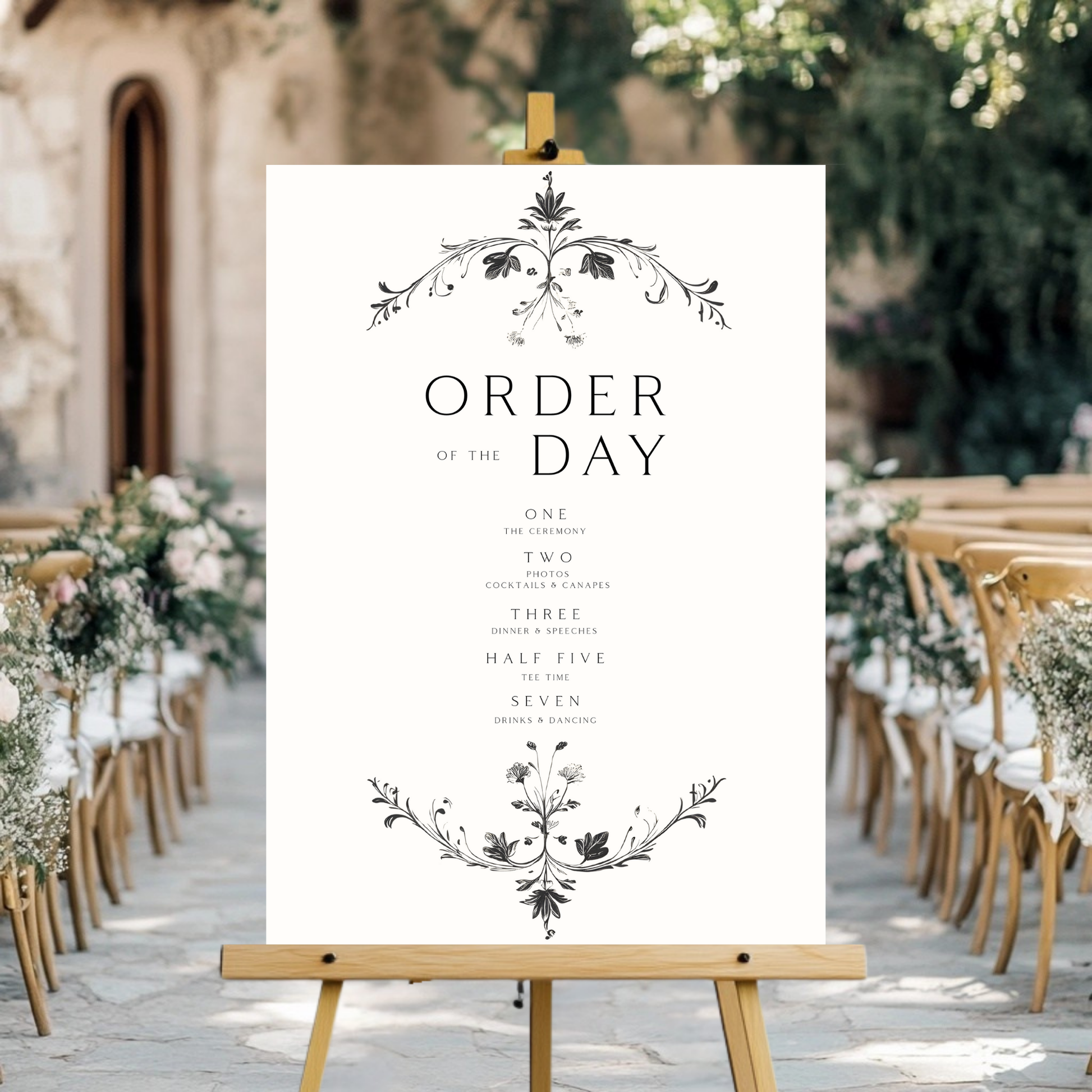 Illustrated Floral Arch Order Of The Day Sign (White)