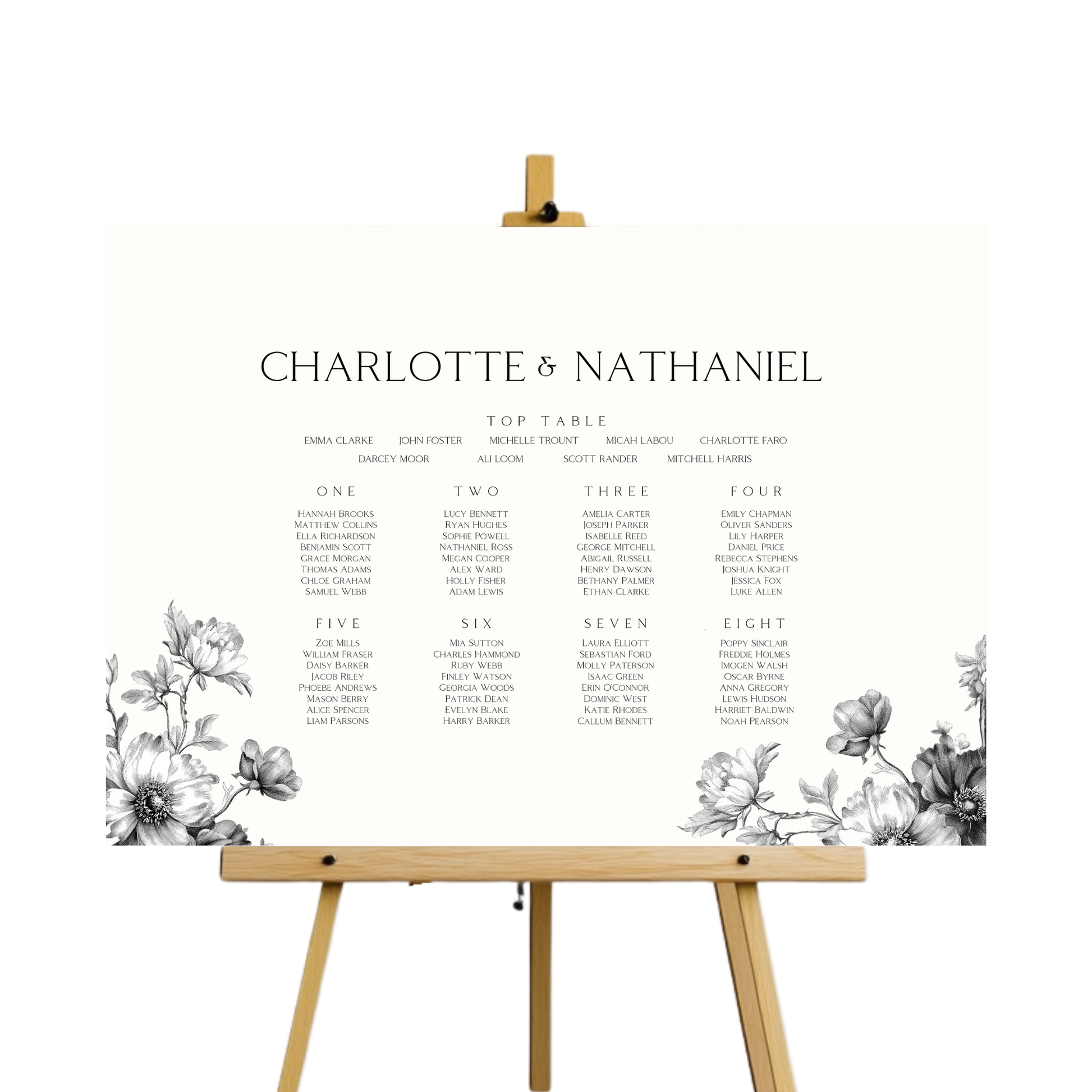 Monochrome Floral Wreath Seating Plan Sign
