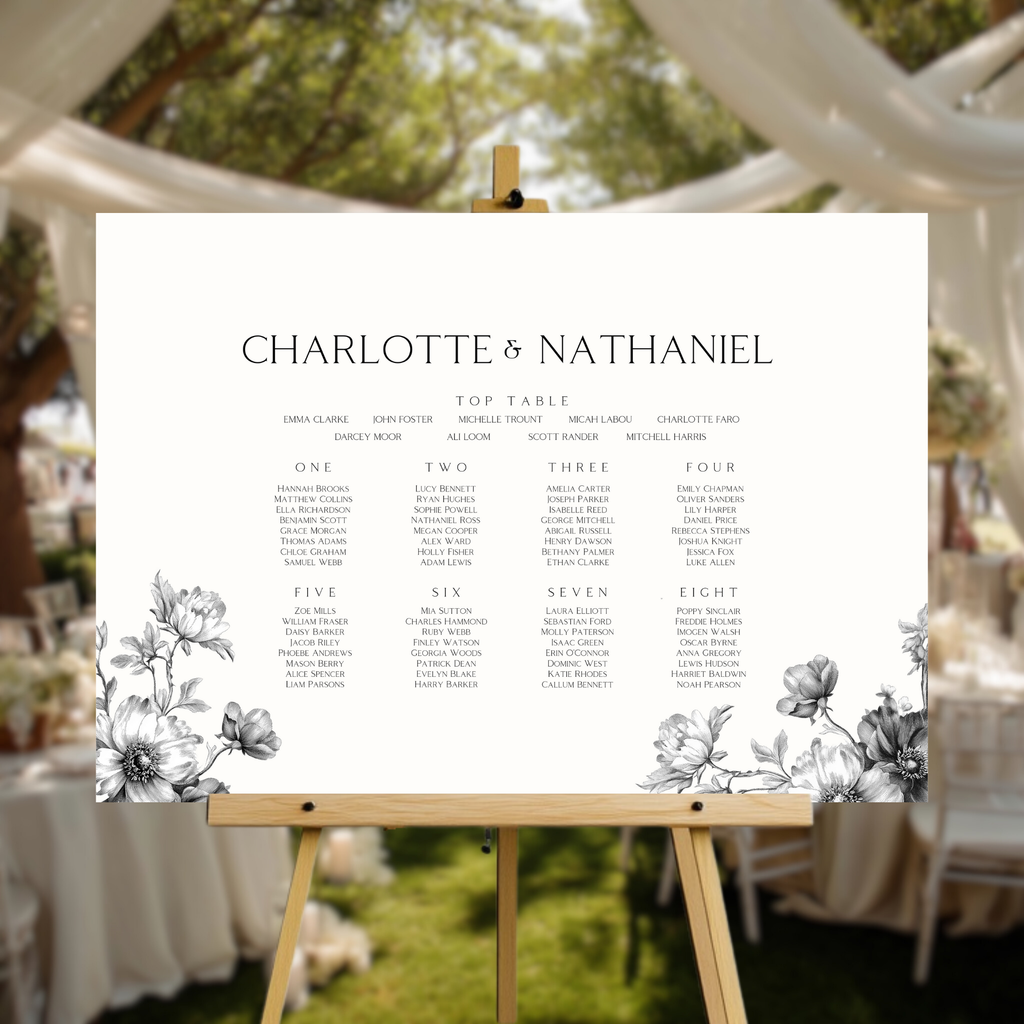 Monochrome Floral Wreath Seating Plan Sign