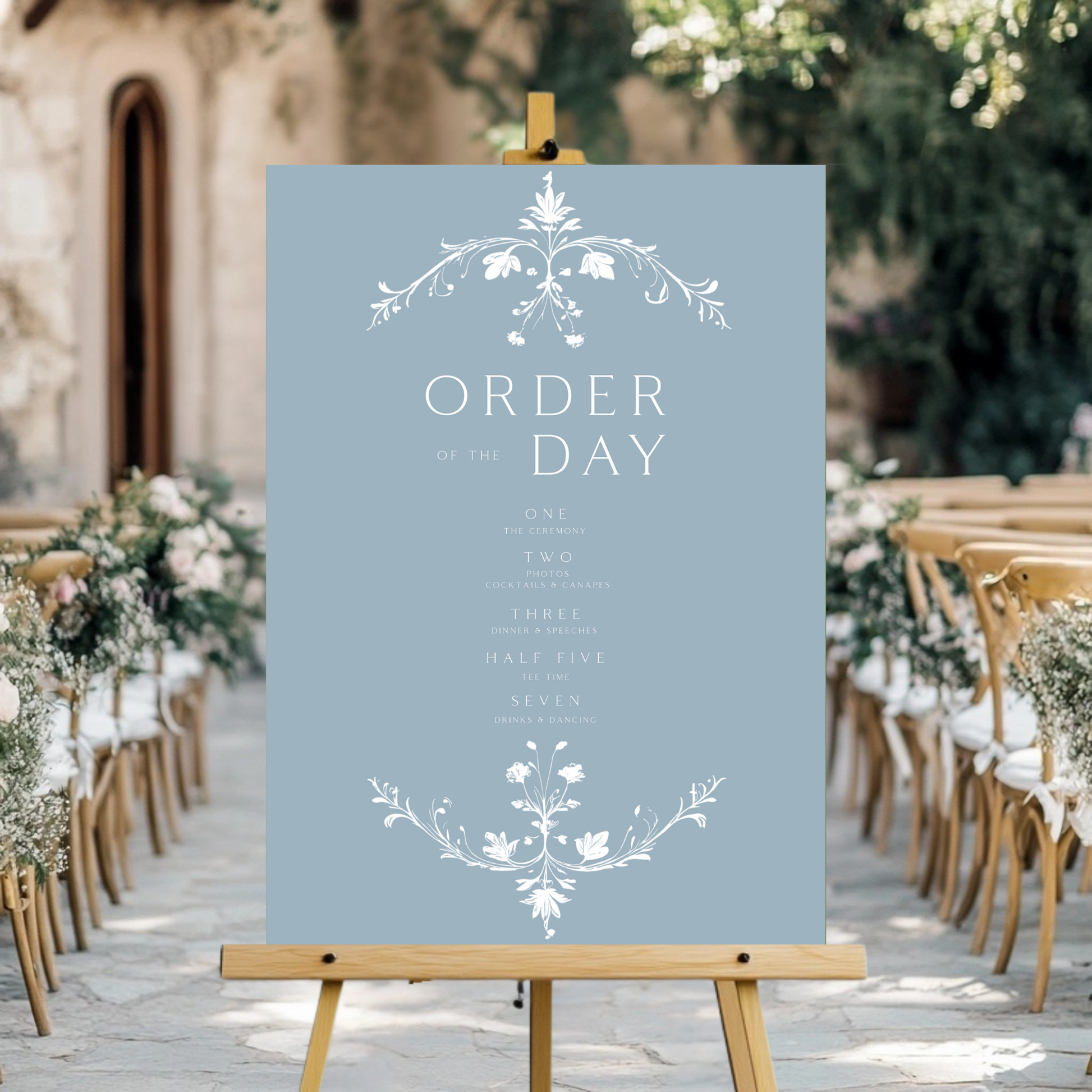 Illustrated Floral Arch Order Of The Day Sign (Dusty Blue)