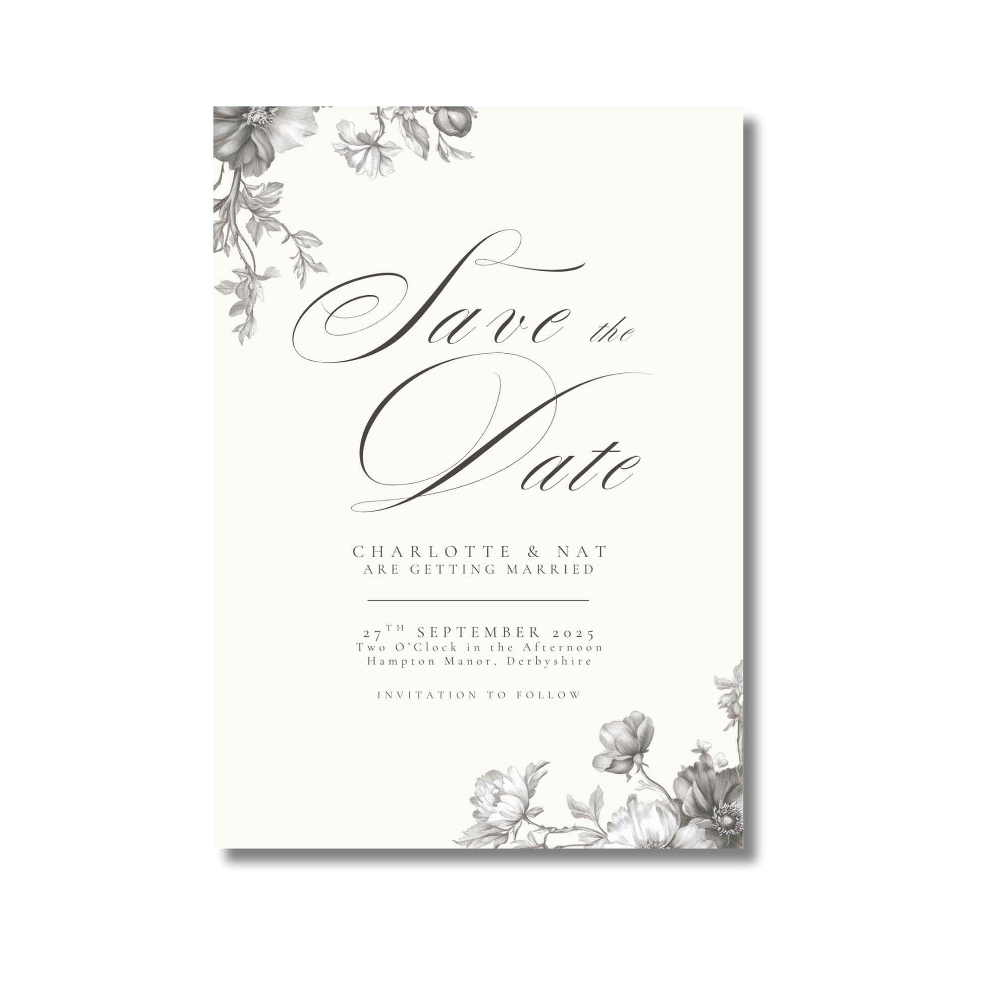 Simple Monochrome Vintage Florals Save The Date