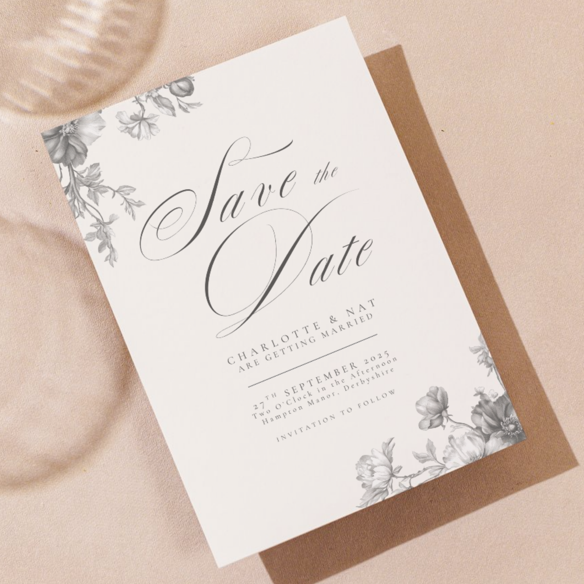 Simple Monochrome Vintage Florals Save The Date