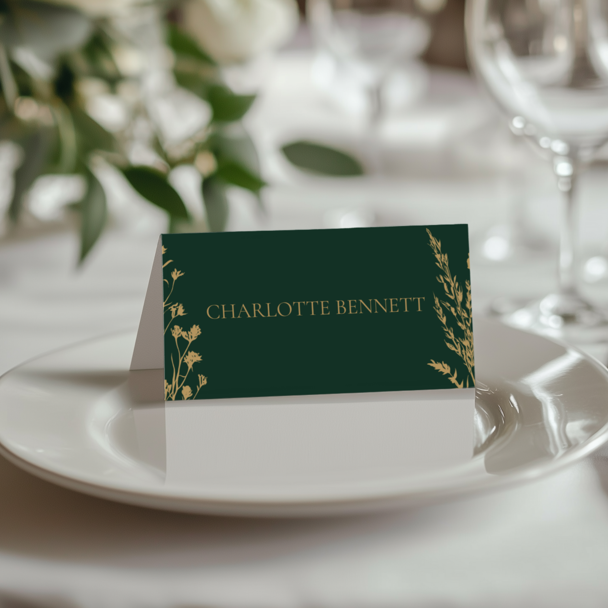 Emerald Green & Gold Floral Name Place Cards