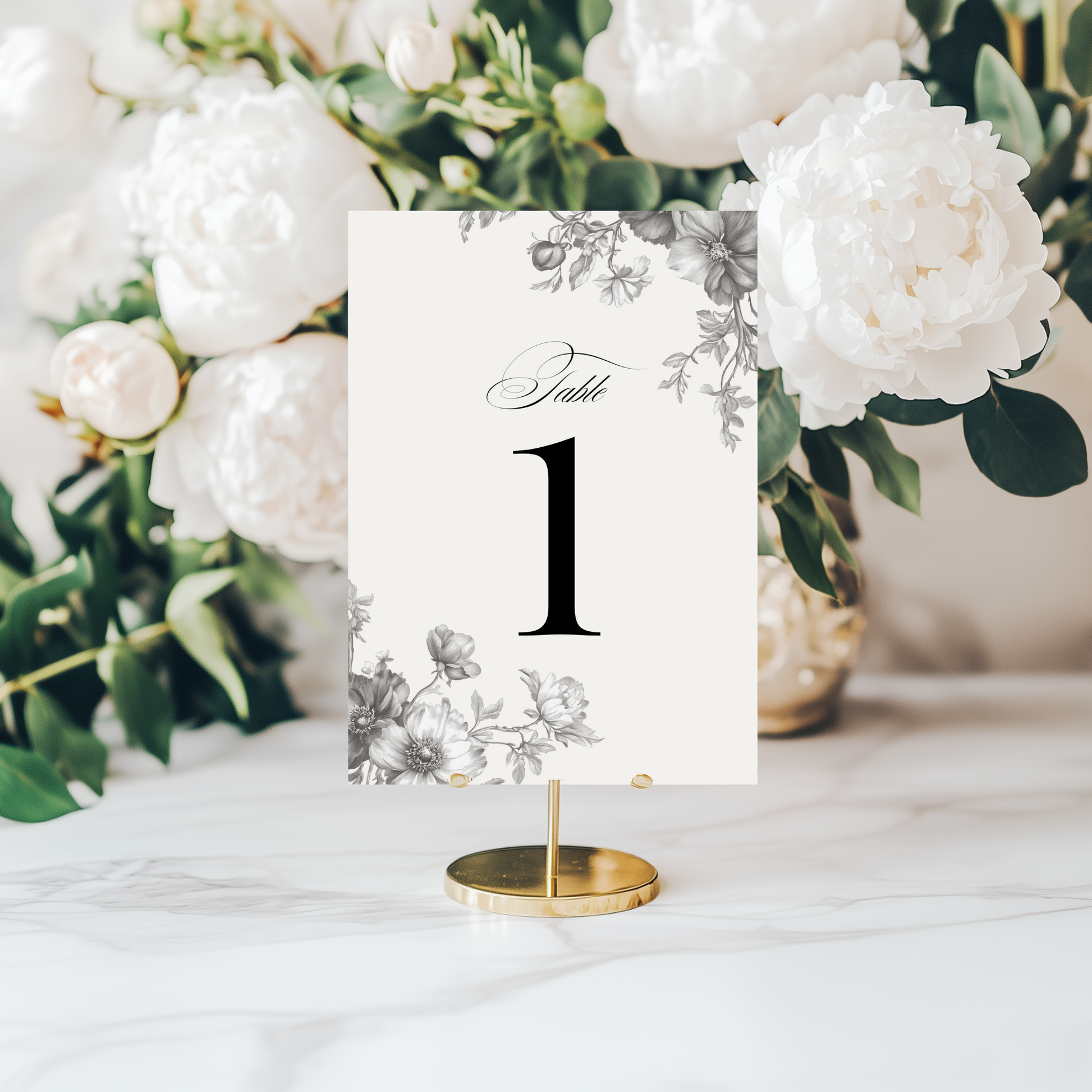 Simple Monochrome Vintage Florals Table Numbers