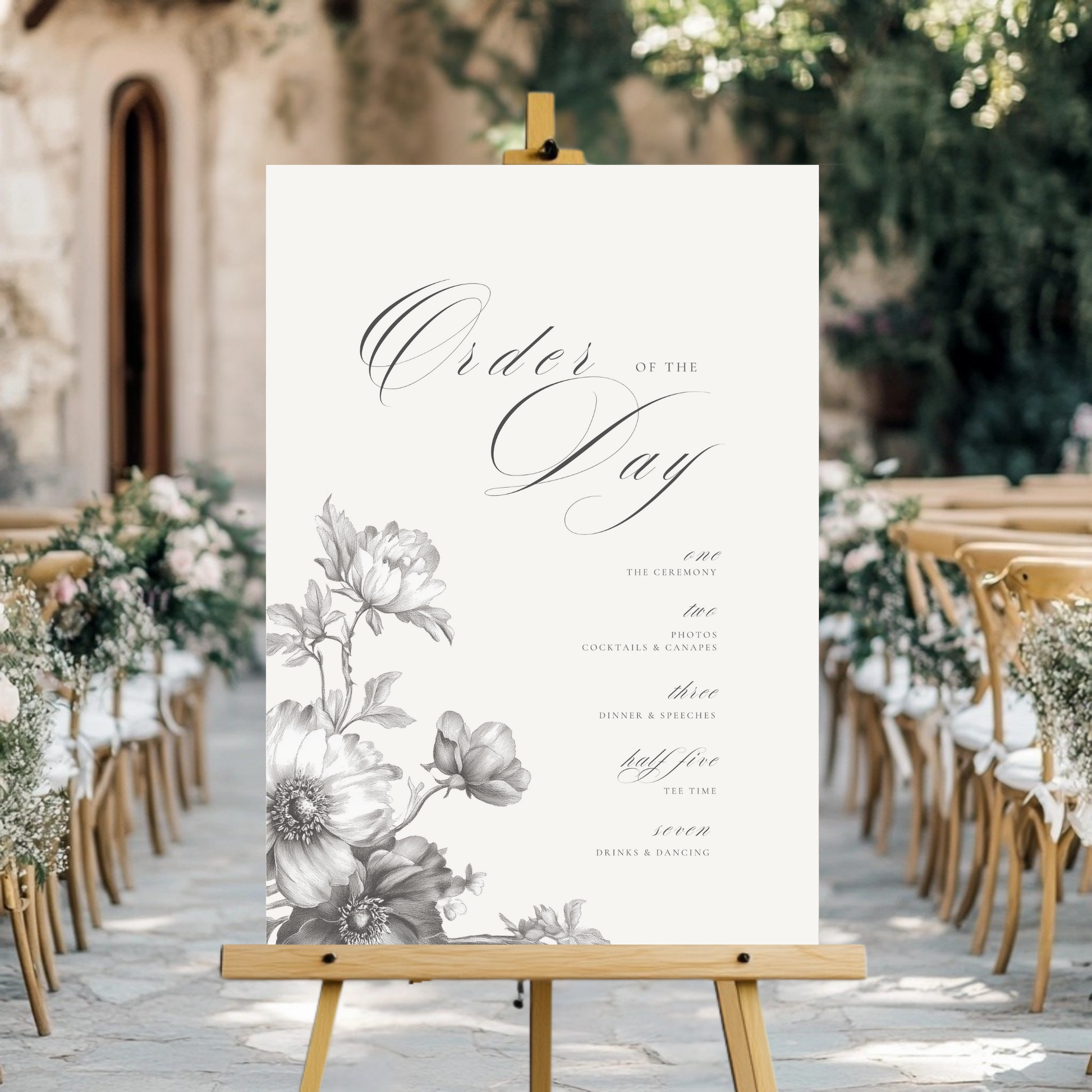 Simple Monochrome Vintage Florals Order Of The Day Sign