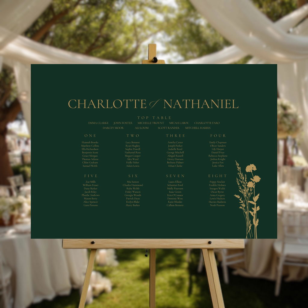 Emerald Green & Gold Floral Seating Plan Sign