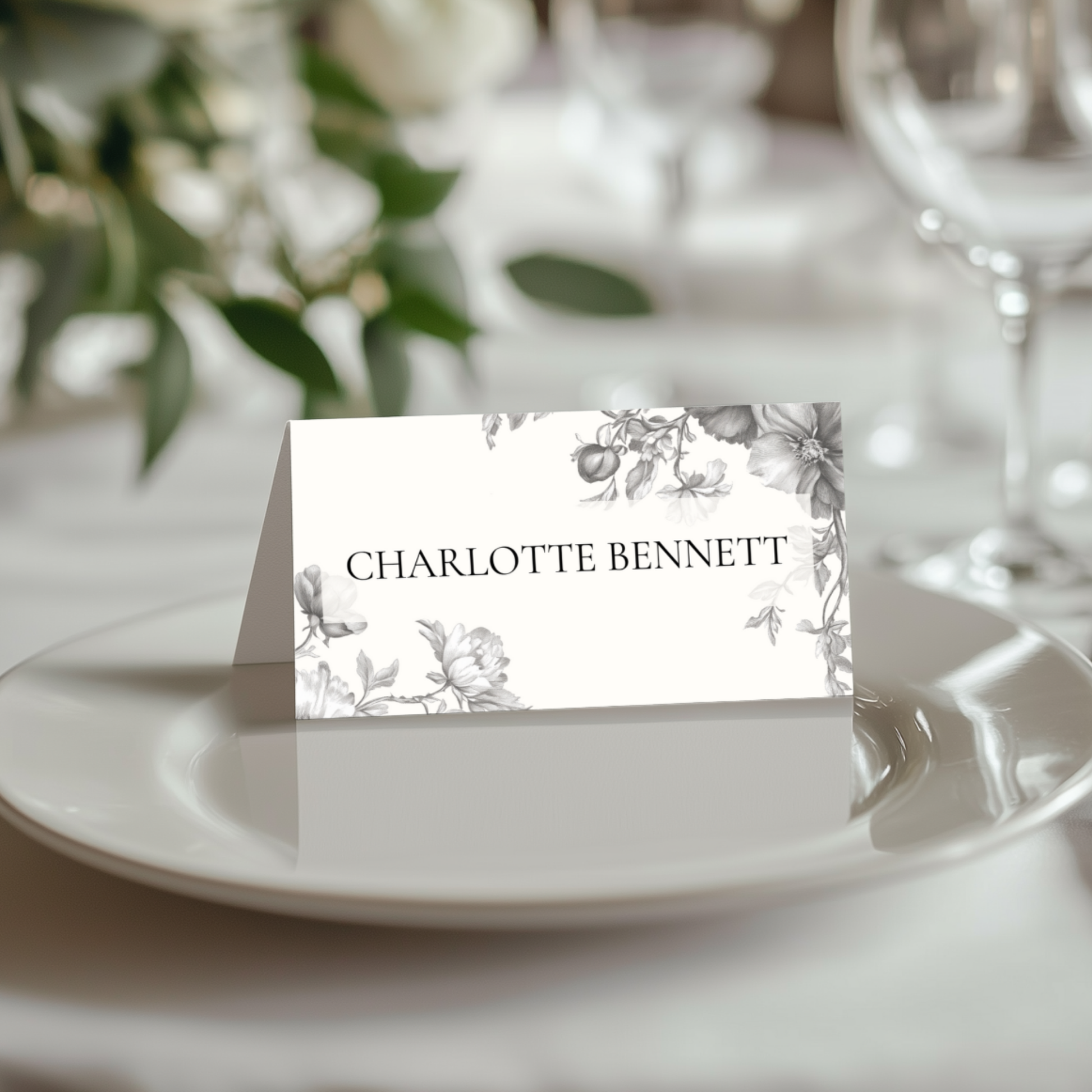 Simple Monochrome Vintage Florals Name Place Cards