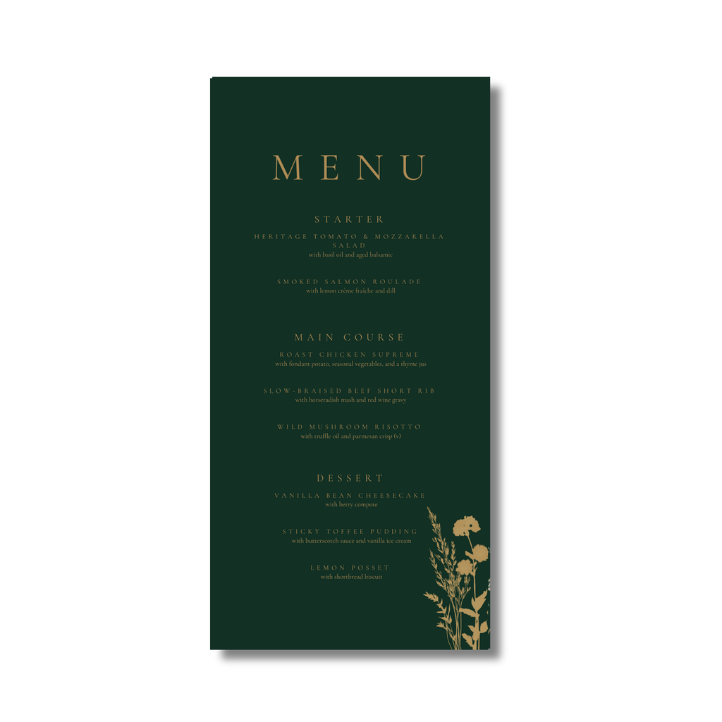 Emerald Green & Gold Floral Menu