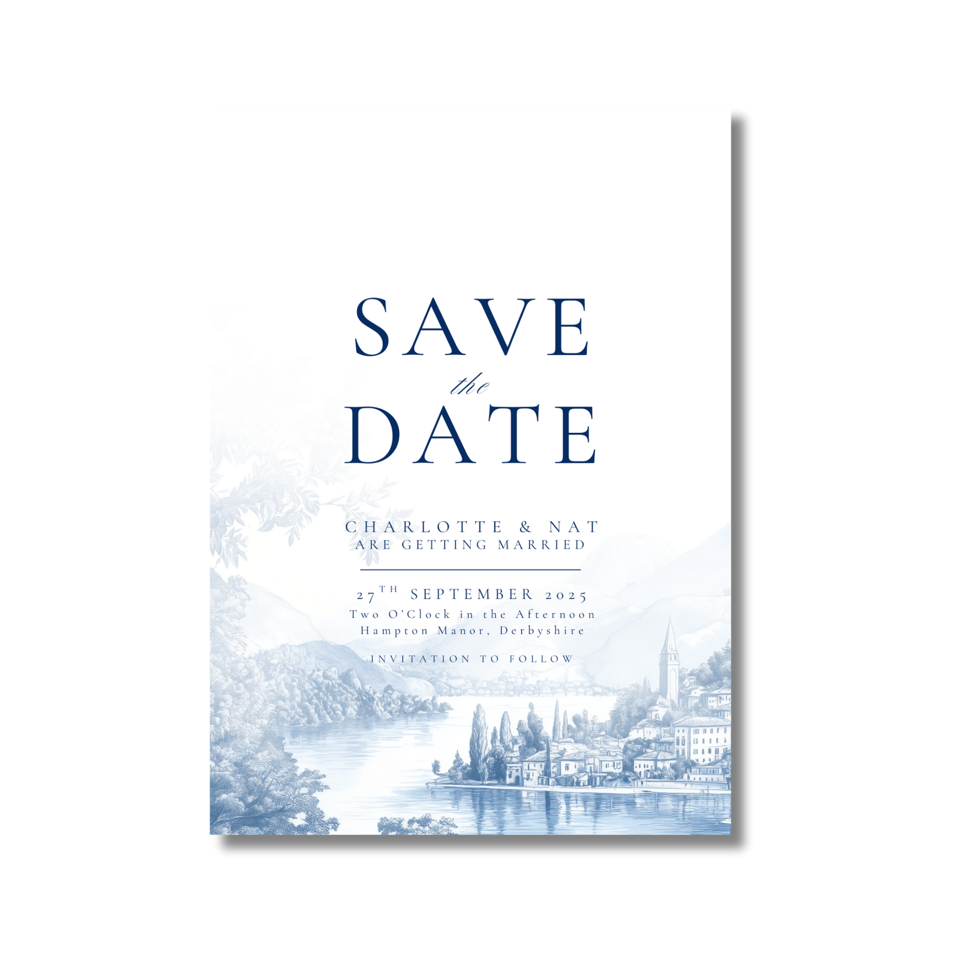 Blue & White Lake Como Save The Date