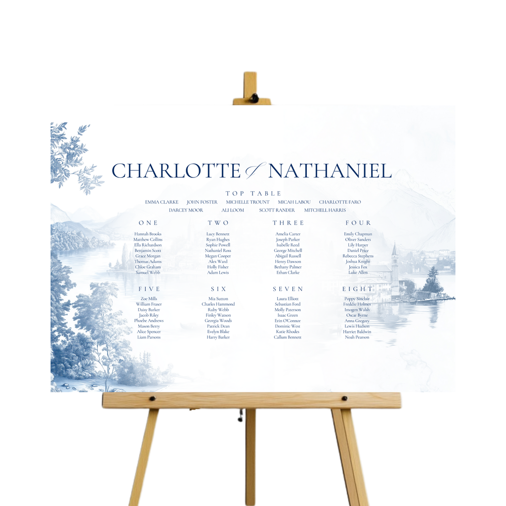 Blue & White Lake Como Seating Plan Sign