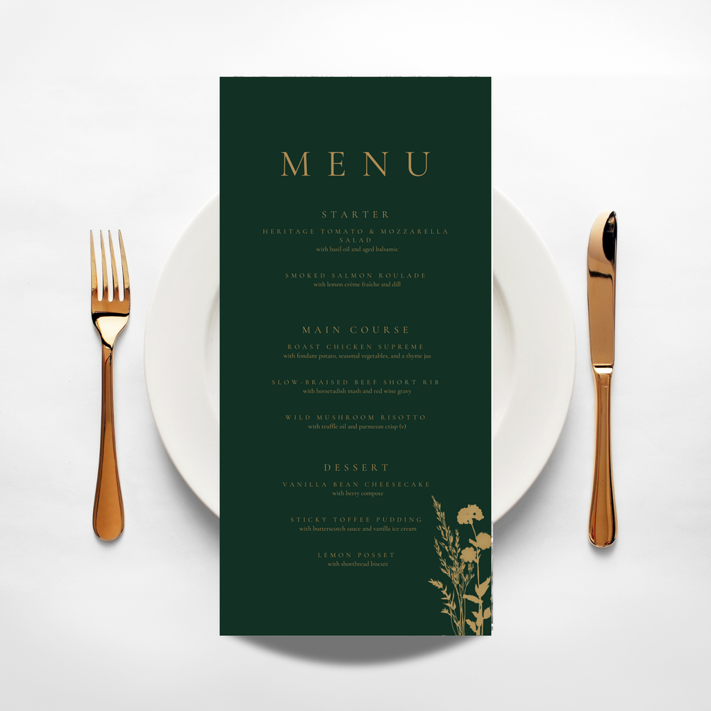 Emerald Green & Gold Floral Menu