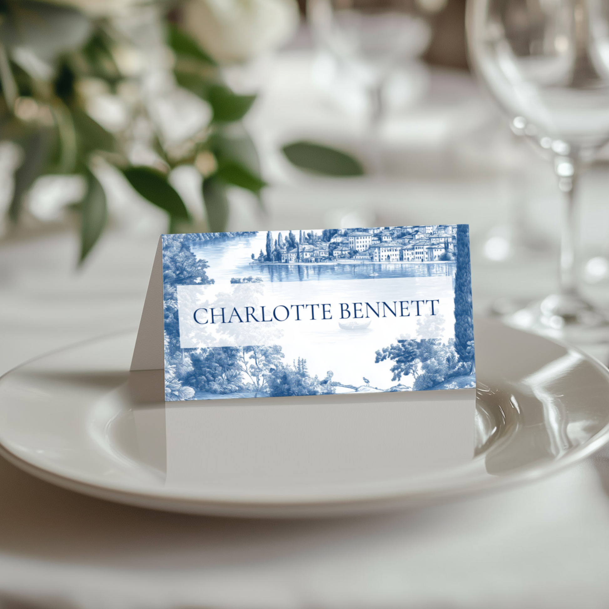 Blue & White Lake Como Name Place Cards