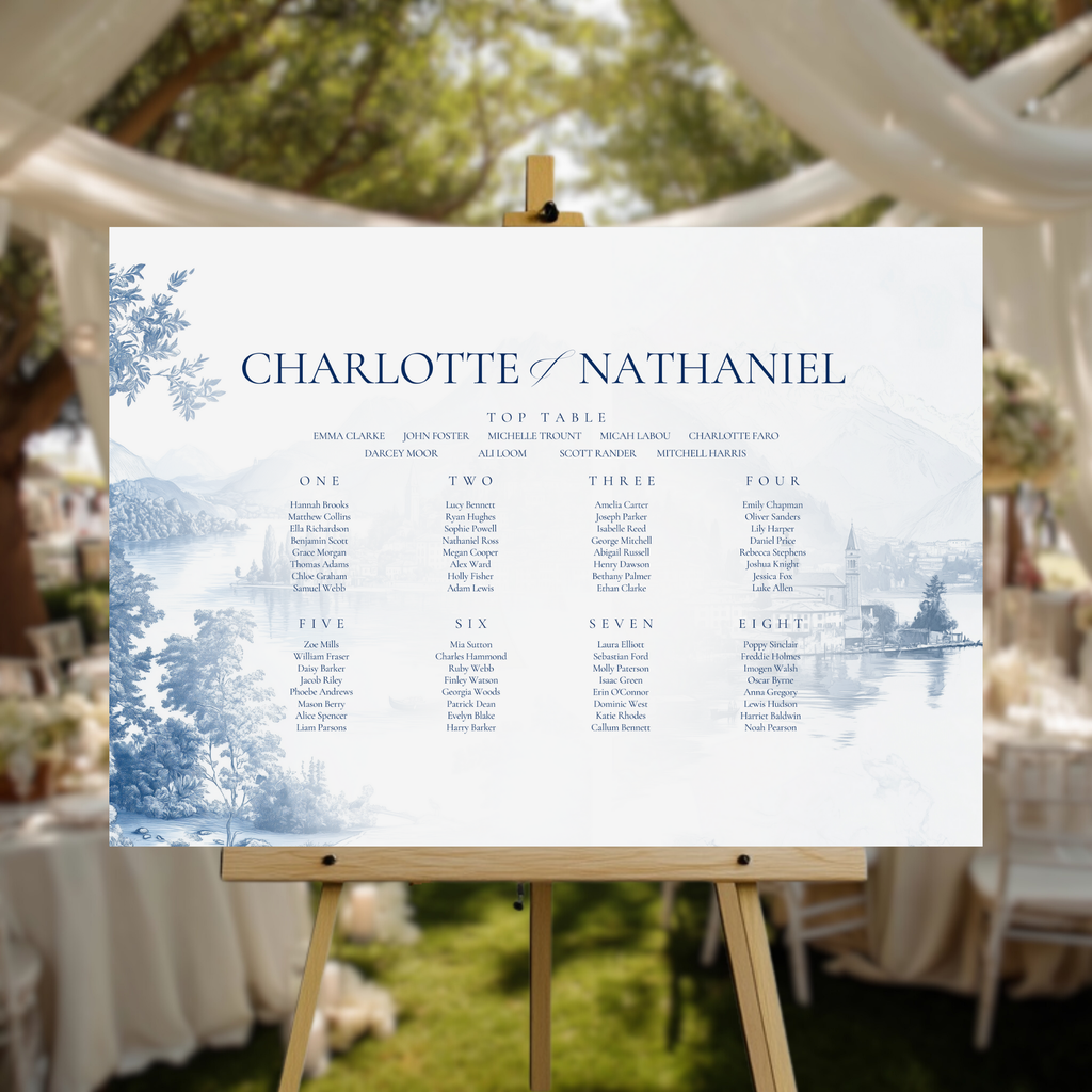 Blue & White Lake Como Seating Plan Sign
