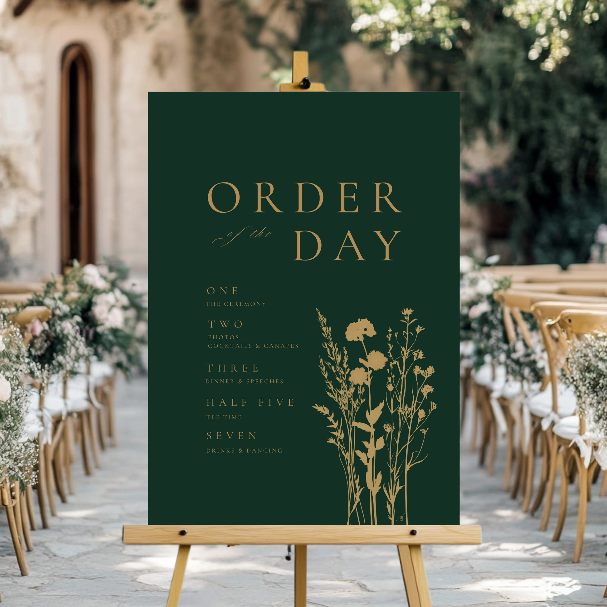 Emerald Green & Gold Floral Order Of The Day Sign