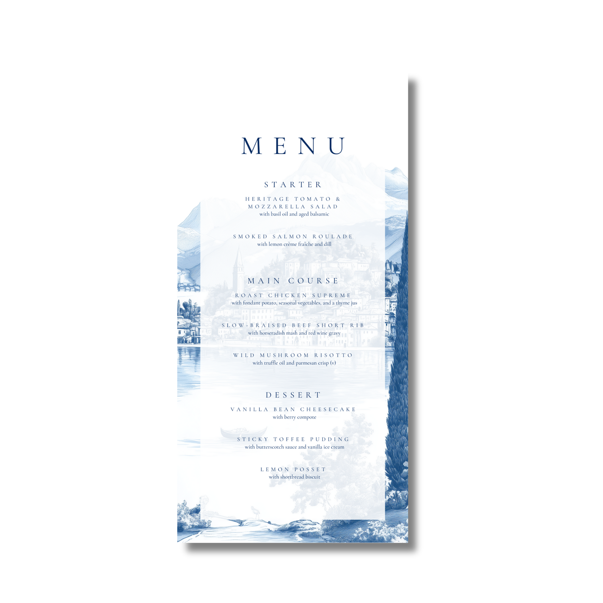 Blue & White Lake Como Menu