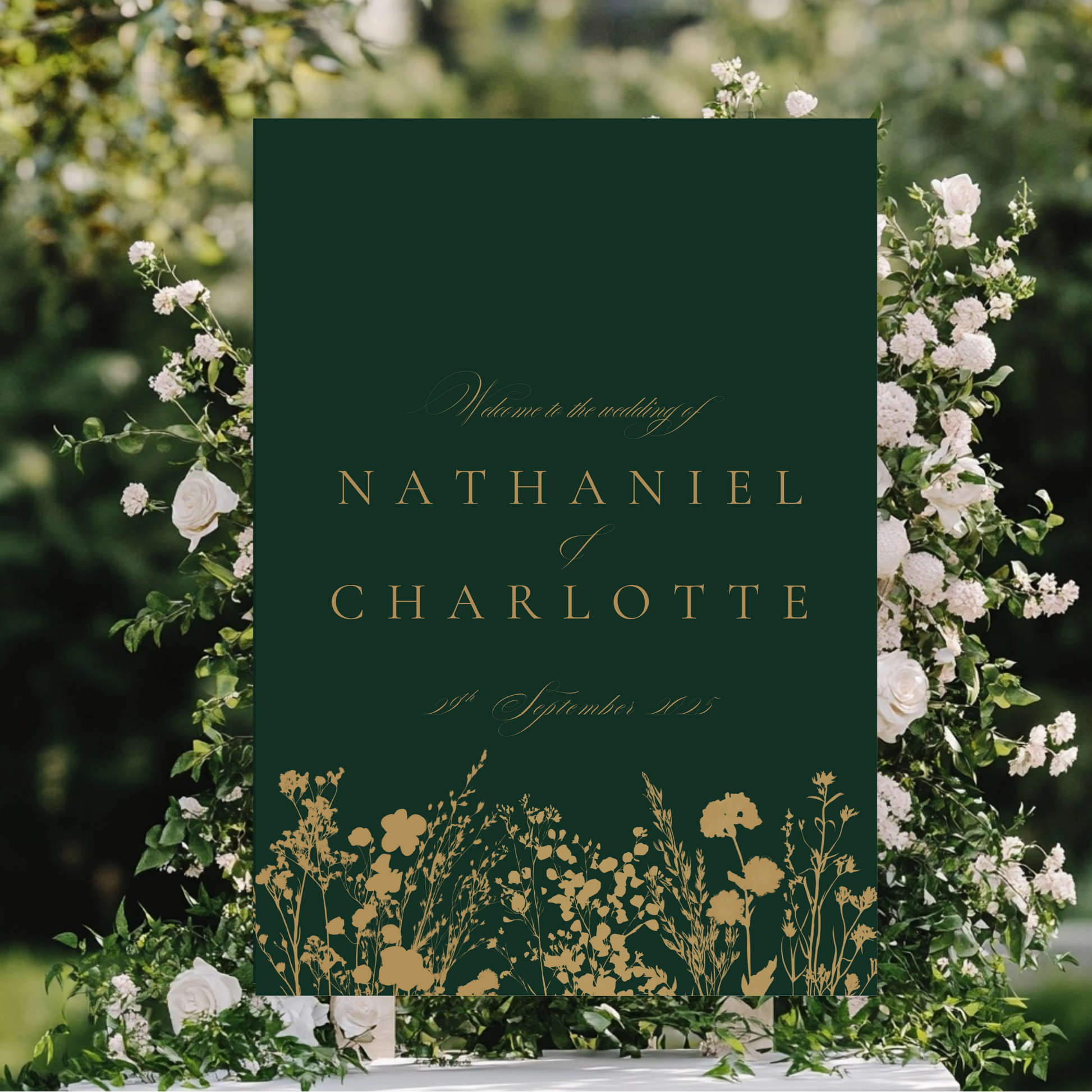 Emerald Green & Gold Floral Welcome Sign