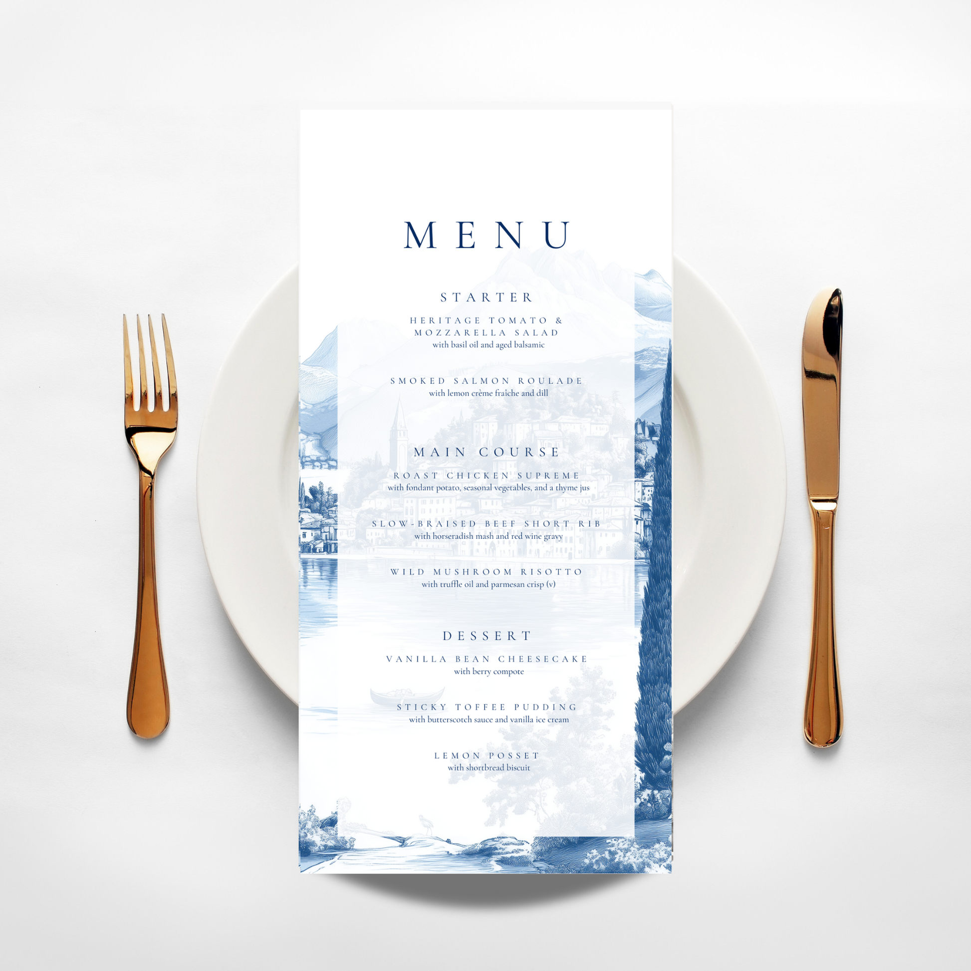 Blue & White Lake Como Menu