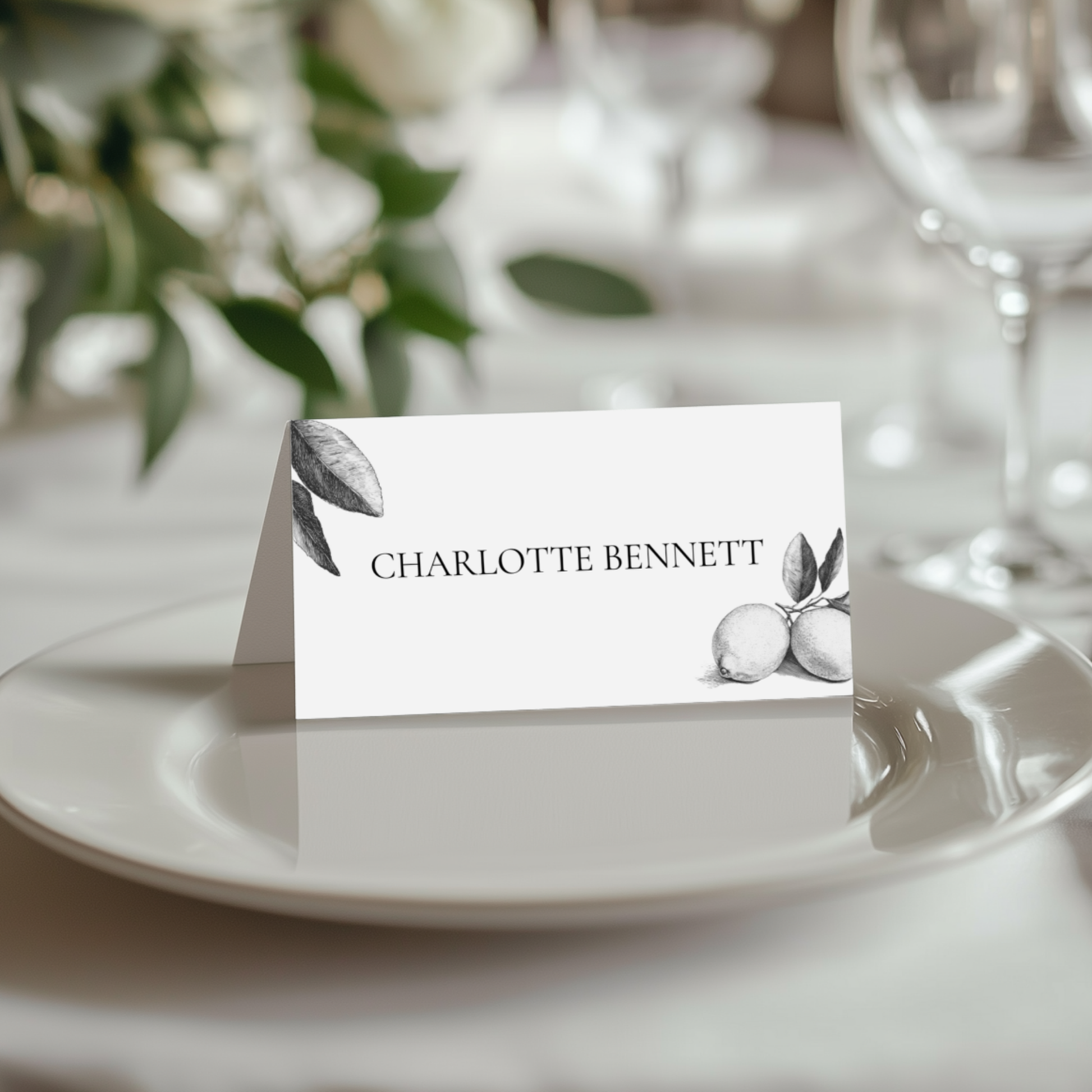 Monochrome Lemons Name Place Cards