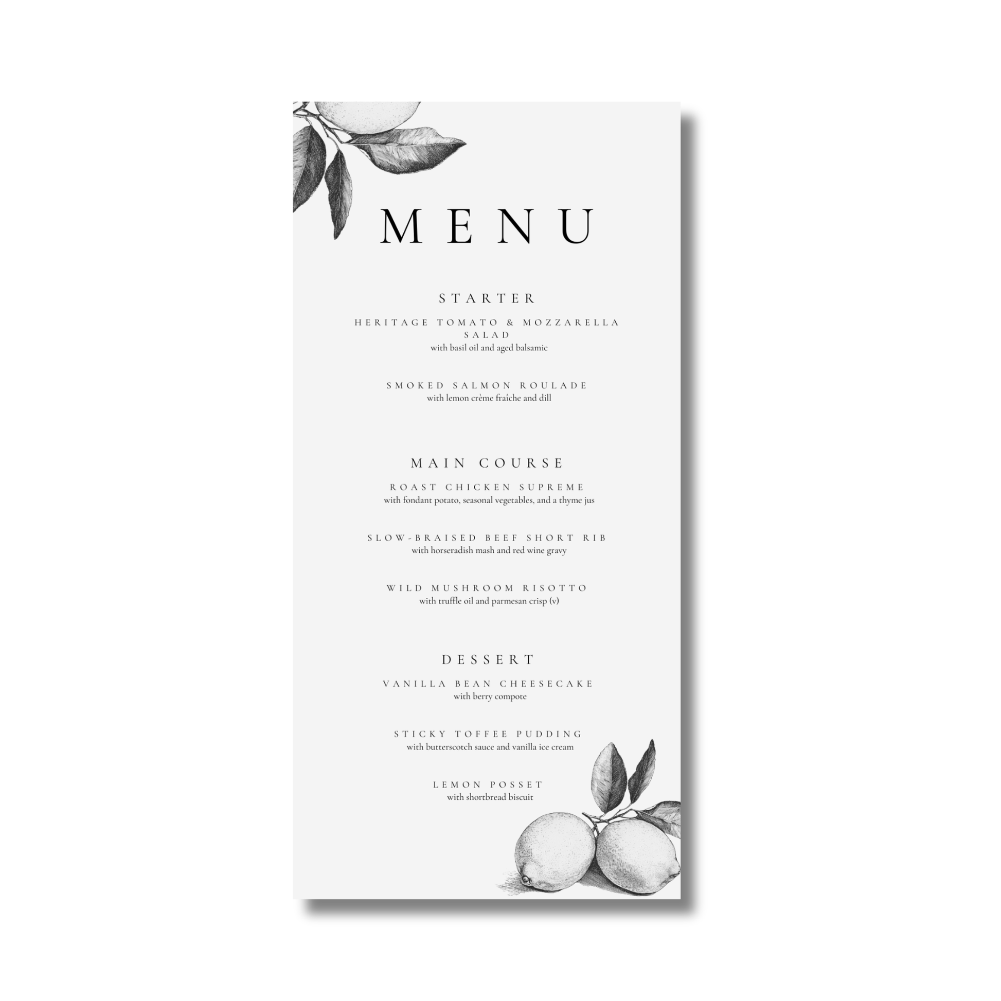 Monochrome Lemons Menu