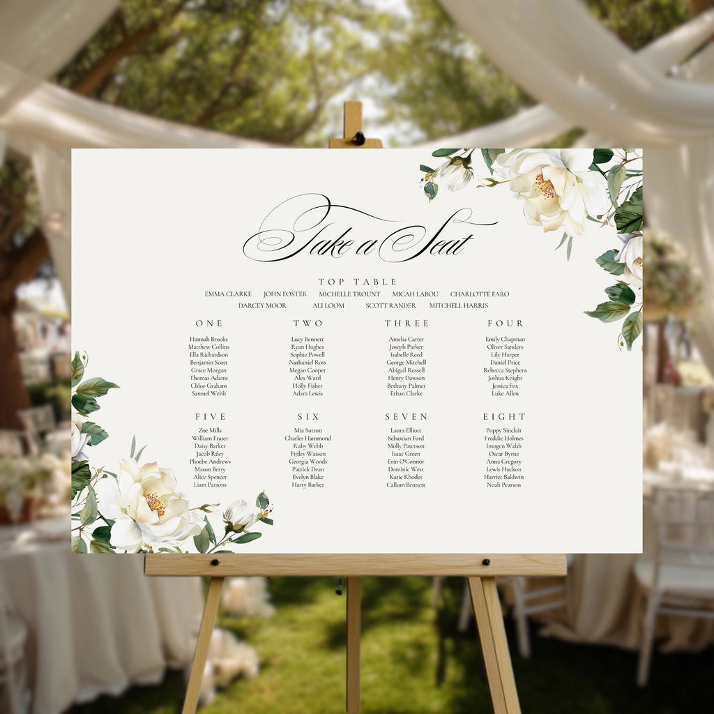 White Florals Seating Plan Sign