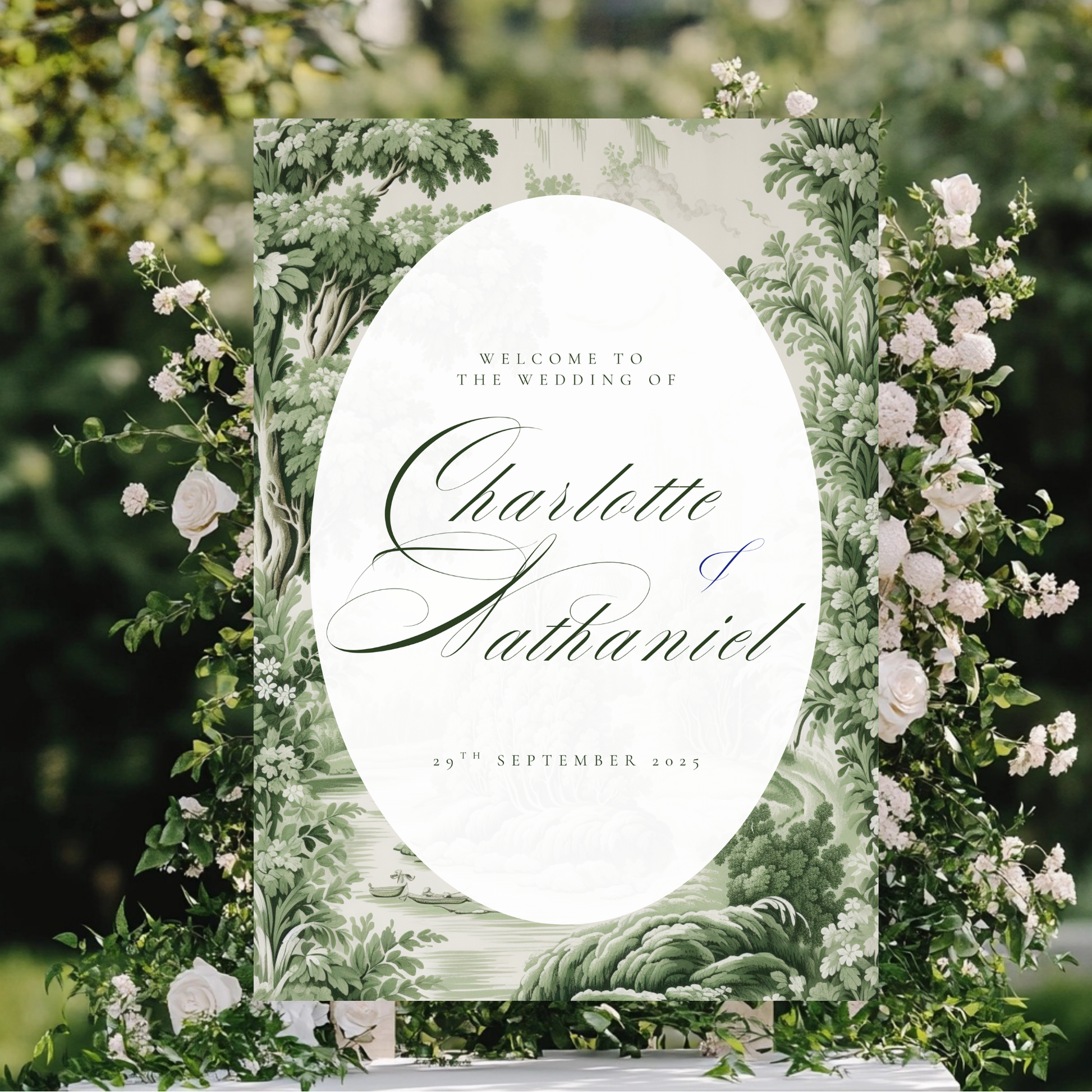 Green Toile Welcome Sign