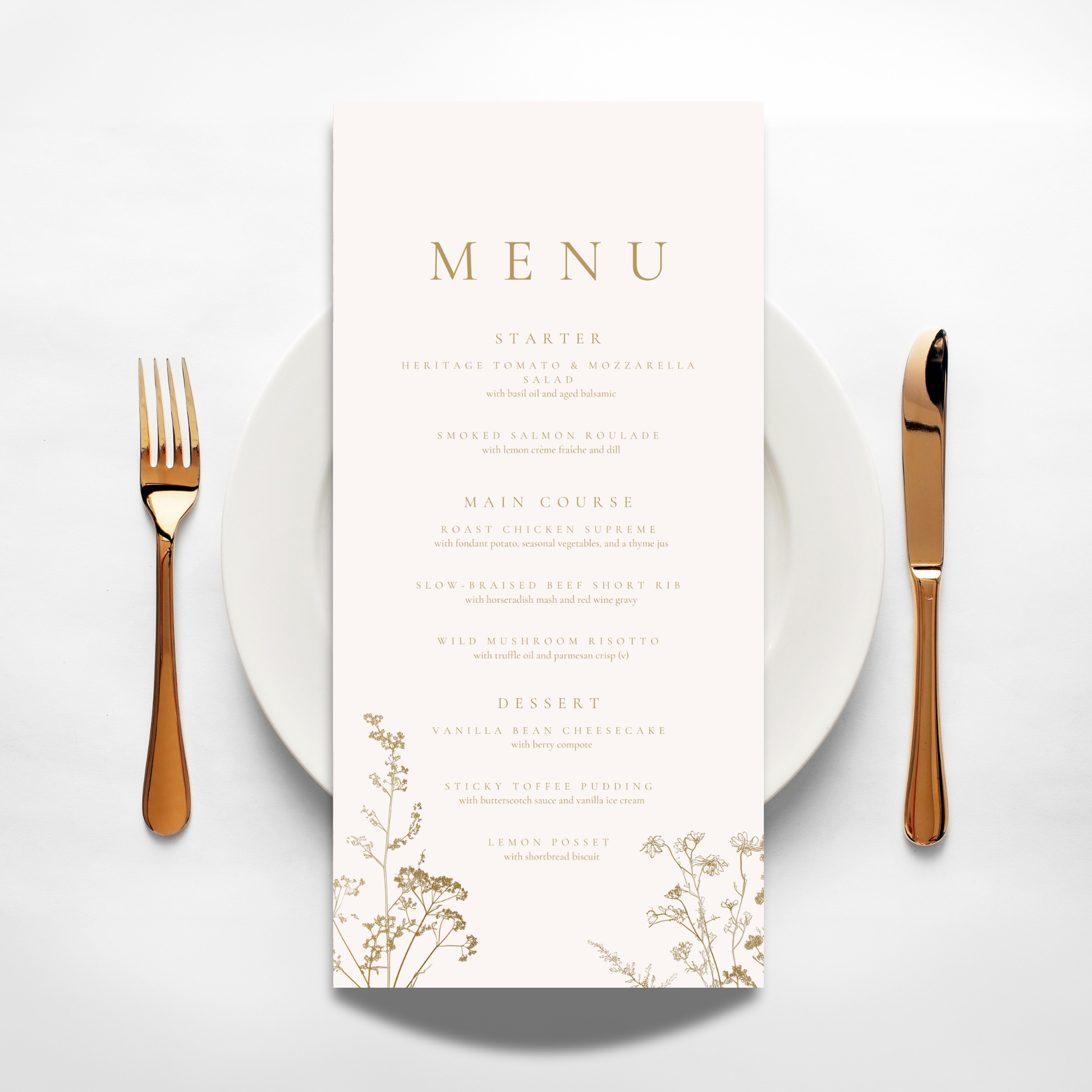 Cream & Gold Dried Flowers Menu