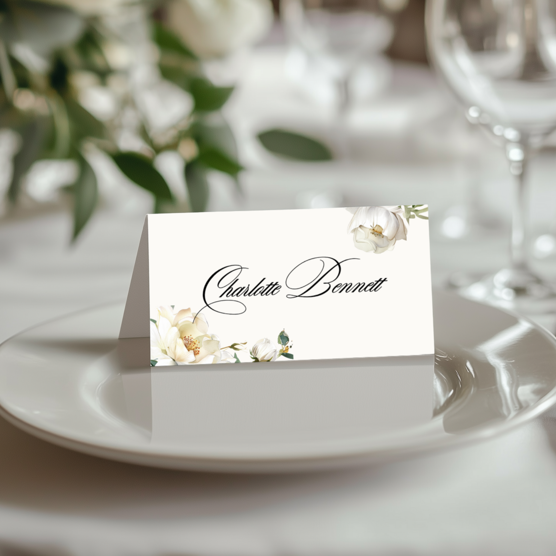 White Florals Name Place Cards