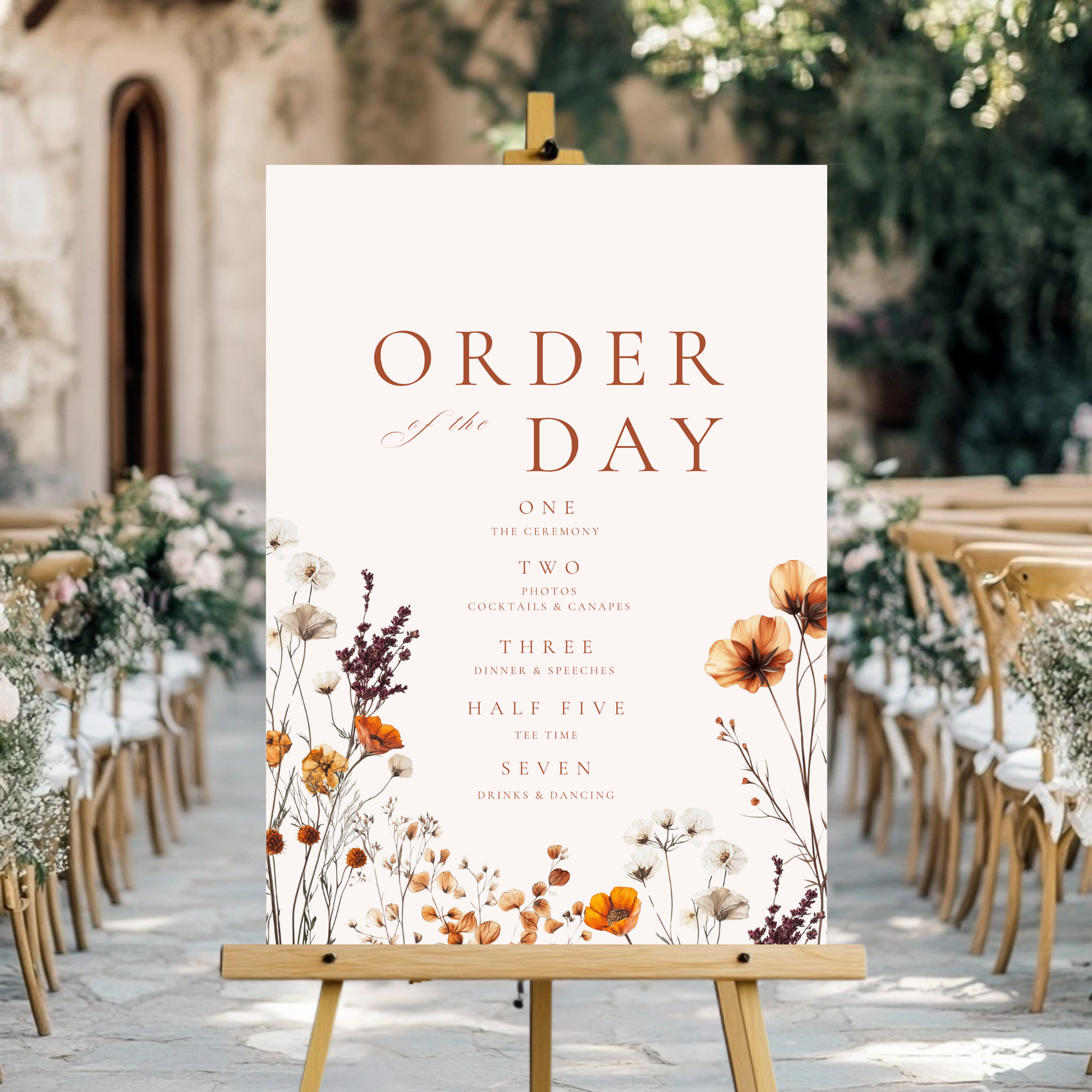 Dried Autumn Flower Arch Order Of The Day Sign