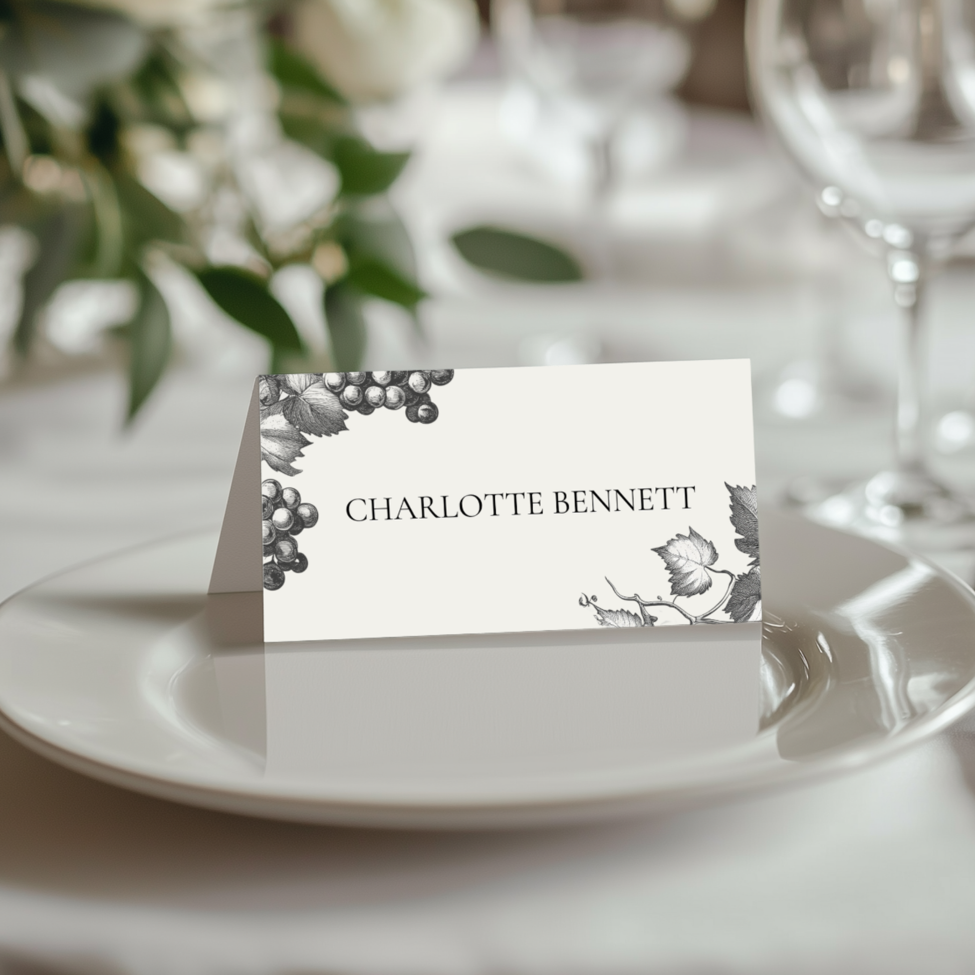Monochrome Vineyard Name Place Cards