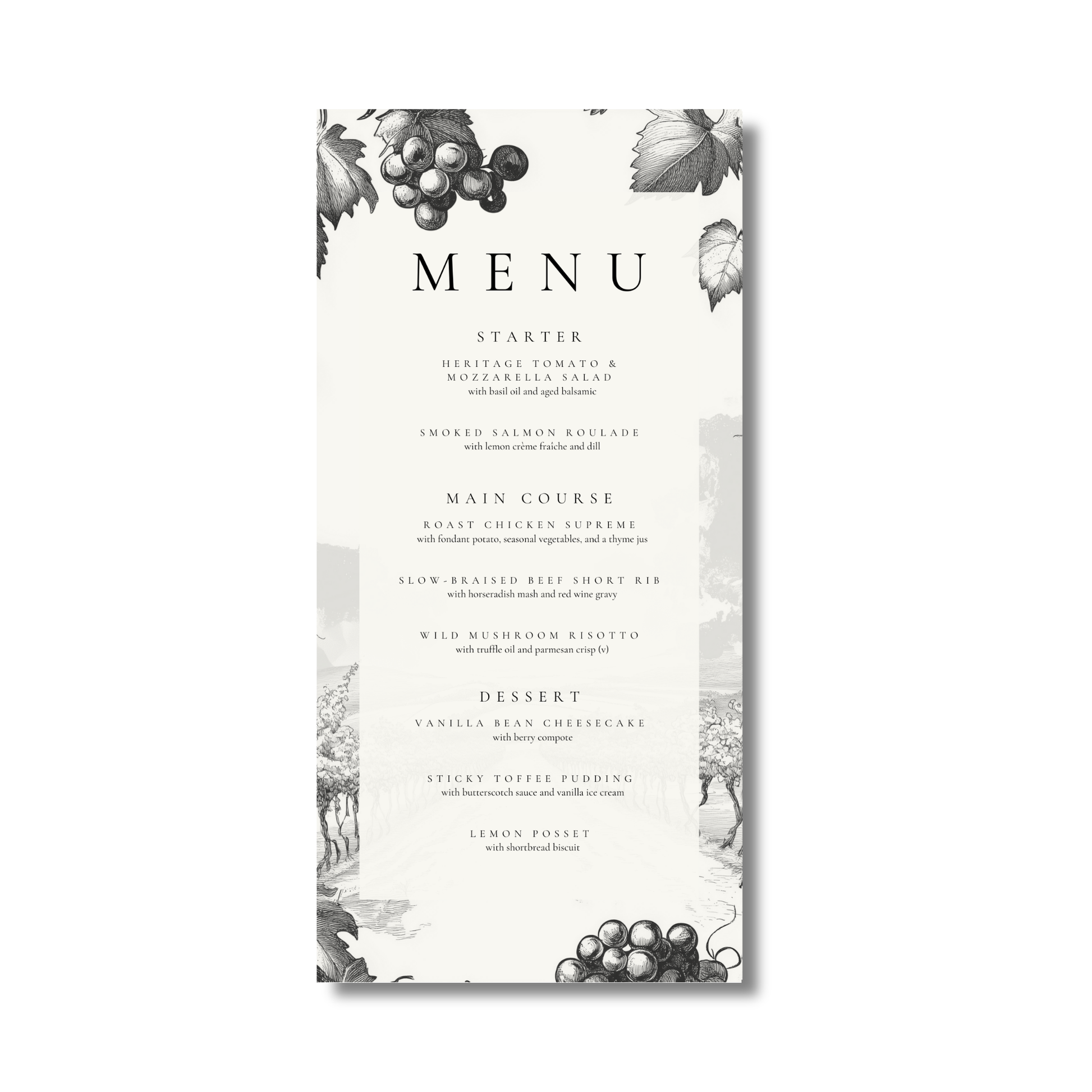 Monochrome Vineyard Menu
