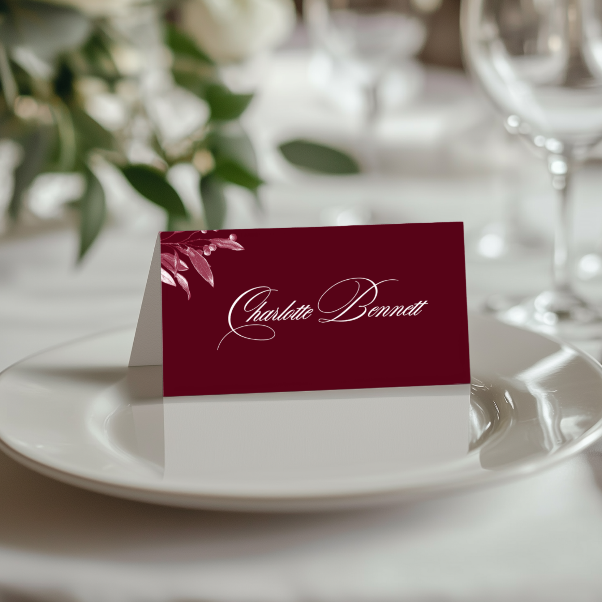 Burgundy Mistletoe Name Place Cards