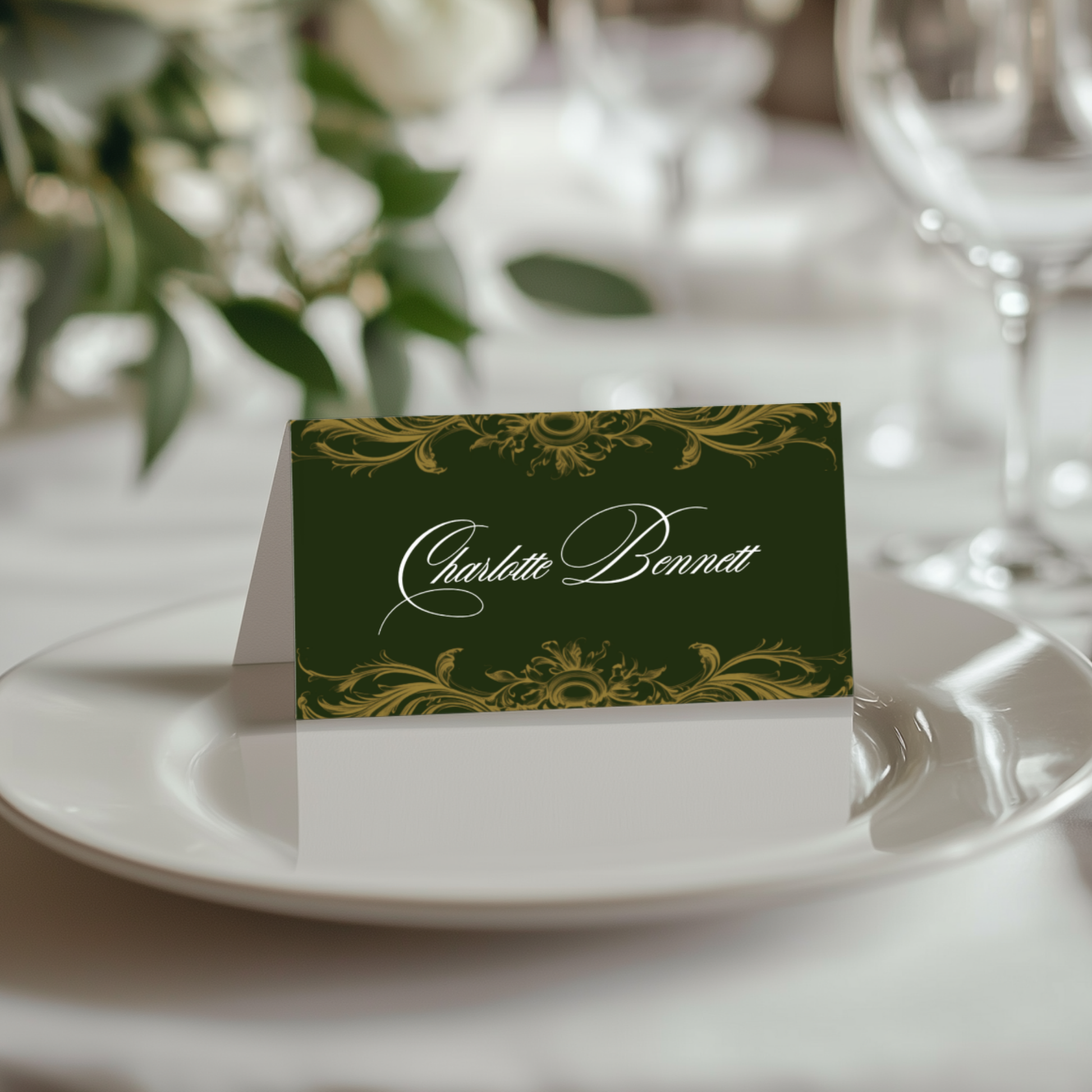 Green & Gold Rococo Frame Name Place Cards